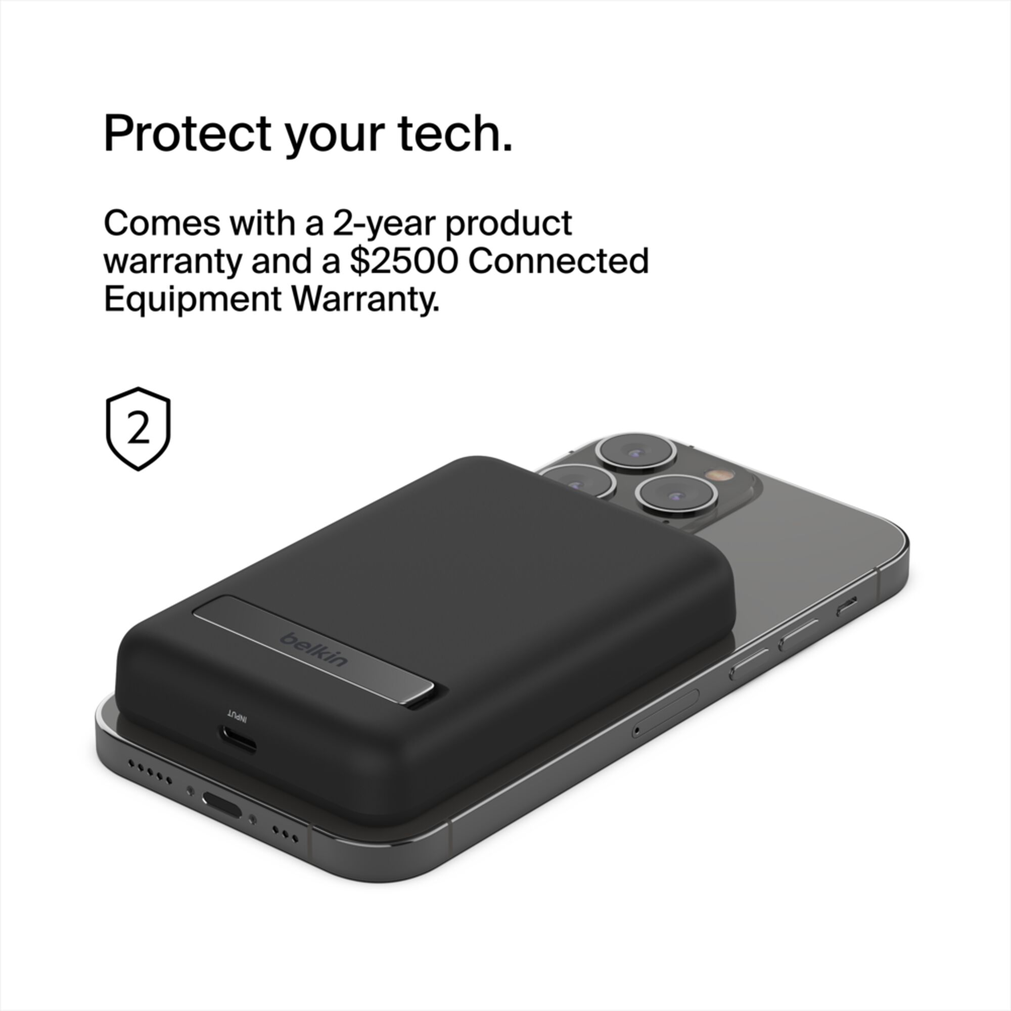 Black Belkin BoostCharge Magnetic Wireless Power Bank 5K with its metal fold-out kickstand extended. — view 6