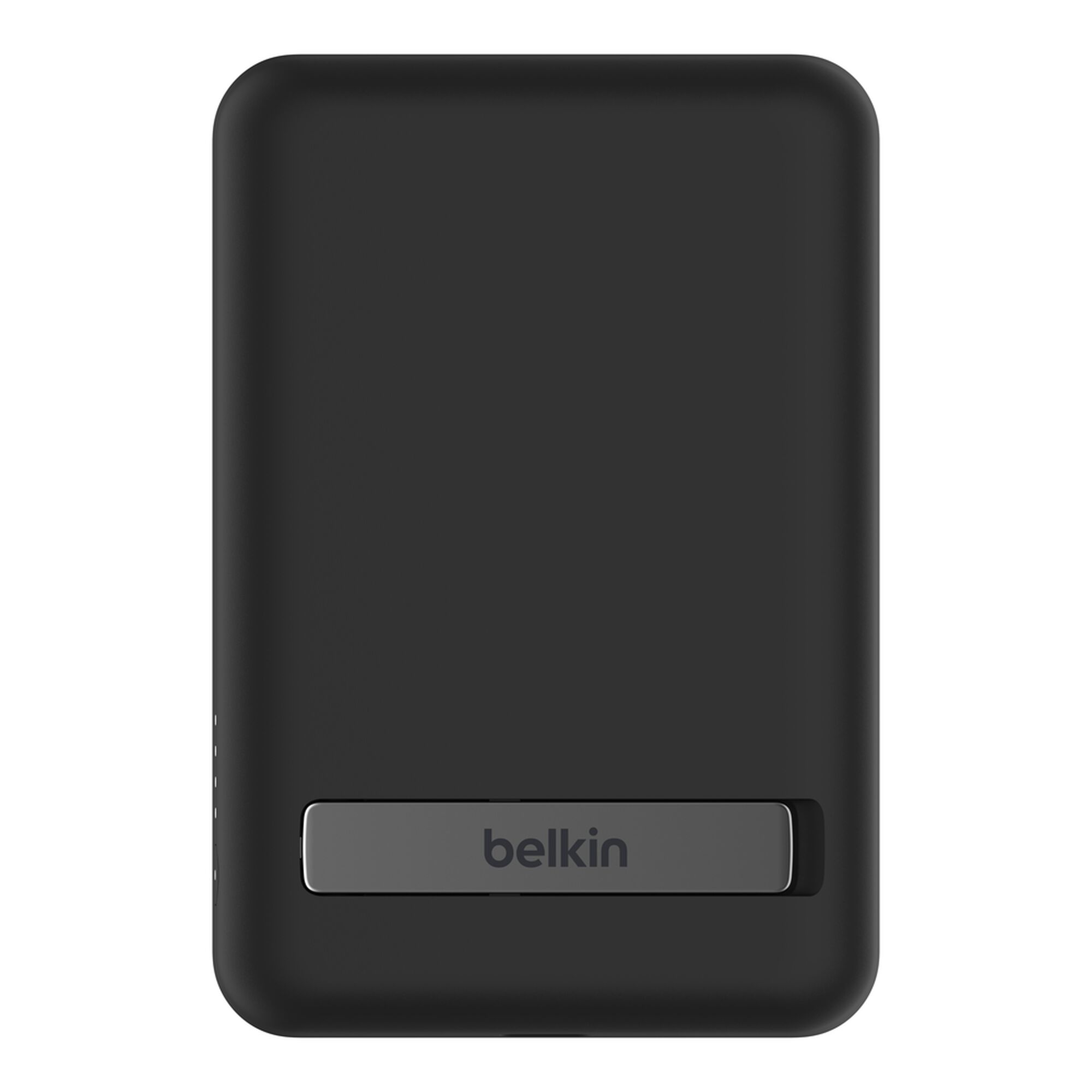 Black Belkin BoostCharge Magnetic Wireless Power Bank 5K with its metal fold-out kickstand extended. — view 12