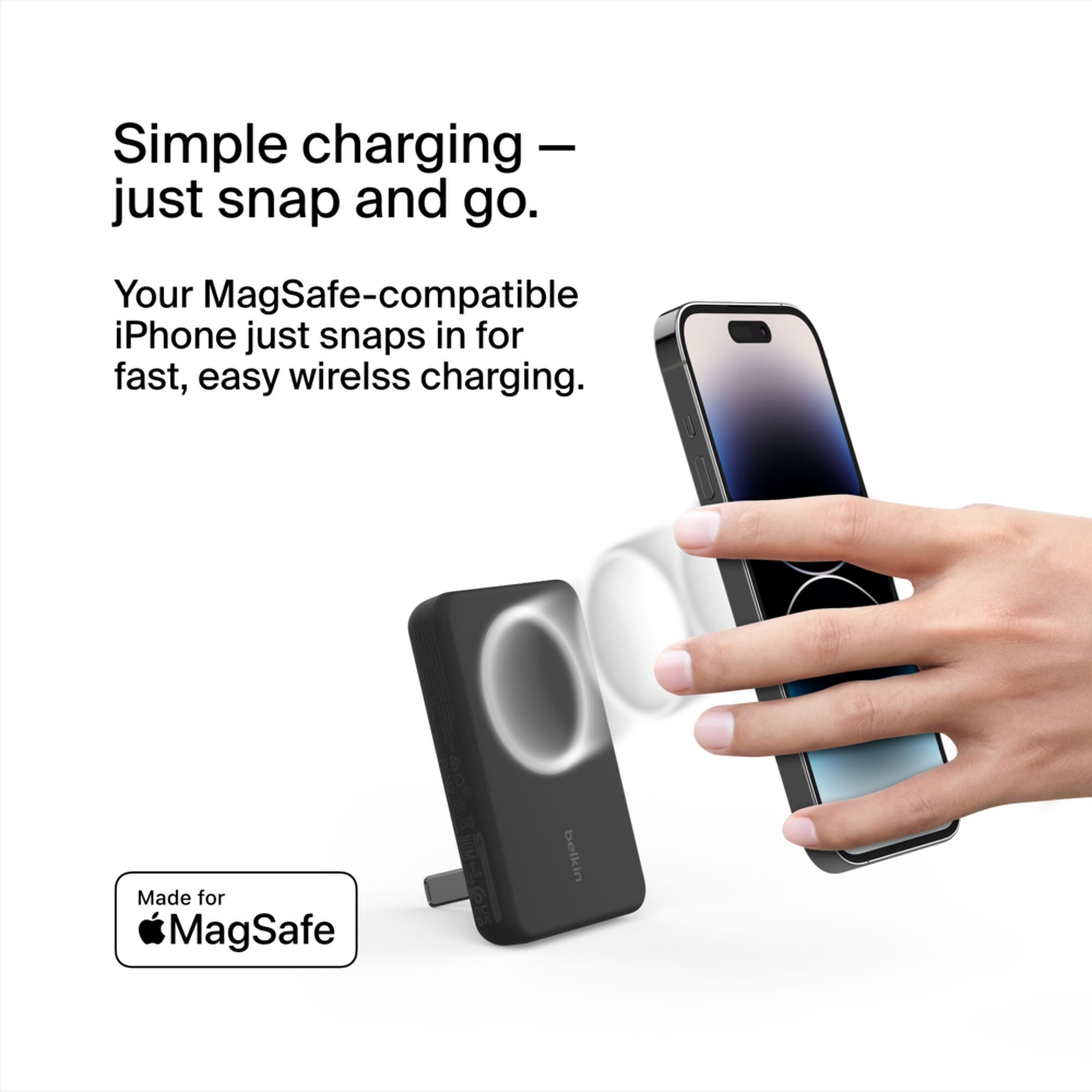 Black Belkin BoostCharge Magnetic Wireless Power Bank 5K with its metal fold-out kickstand extended. — view 2