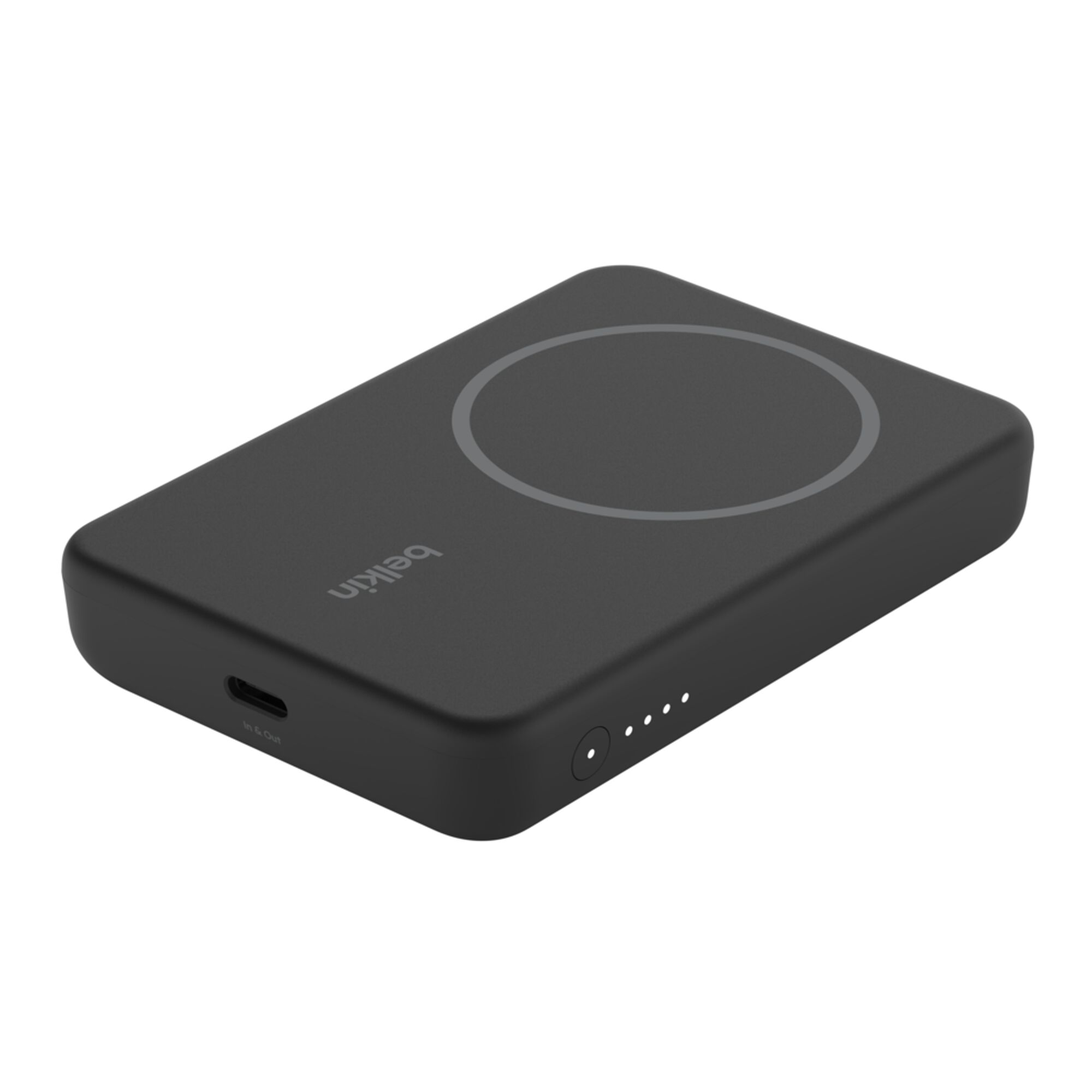 Black Belkin BoostCharge Magnetic Wireless Power Bank 5K with its metal fold-out kickstand extended. — view 8