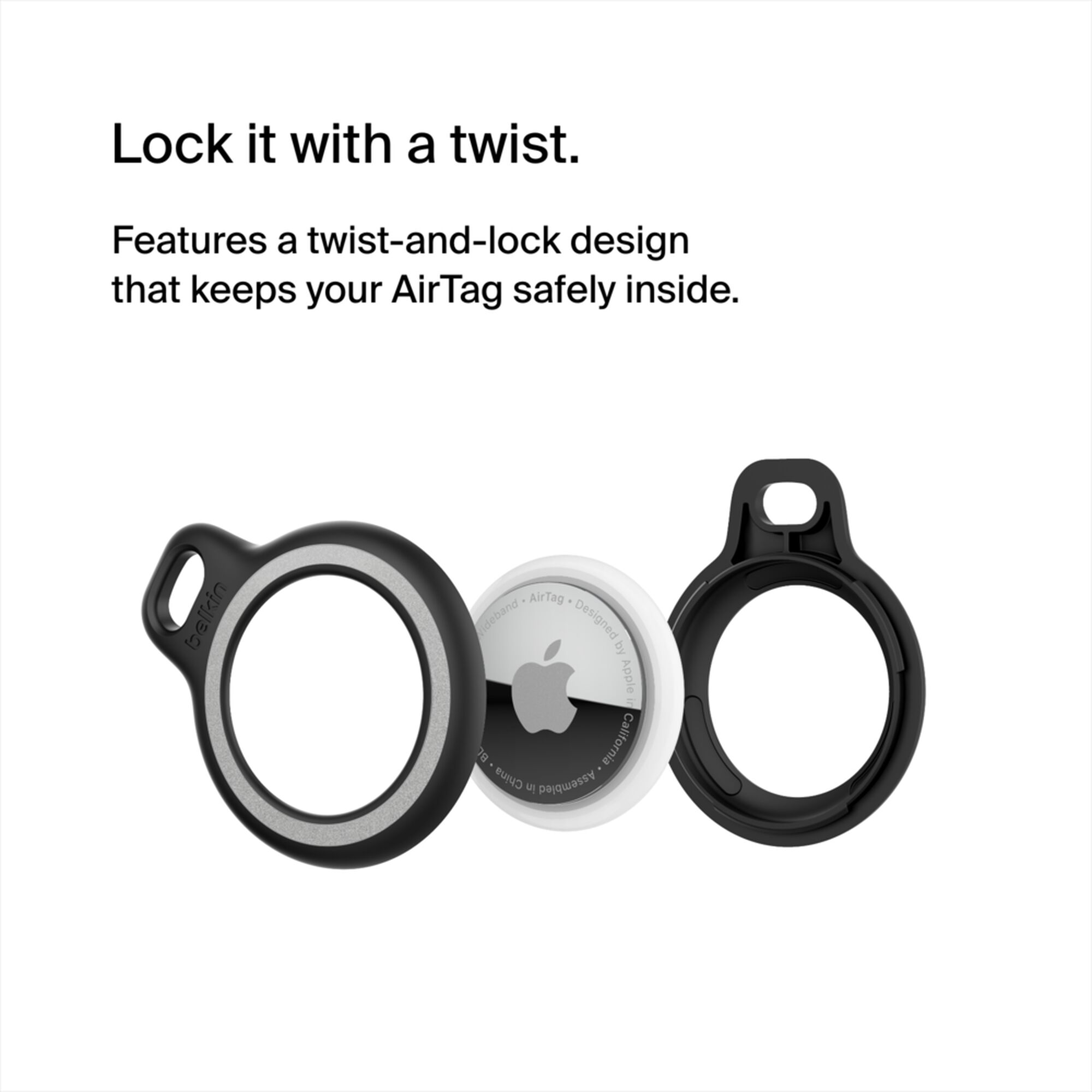 Belkin black Reflective Secure Holder with Key Ring holding an Apple AirTag. — view 3