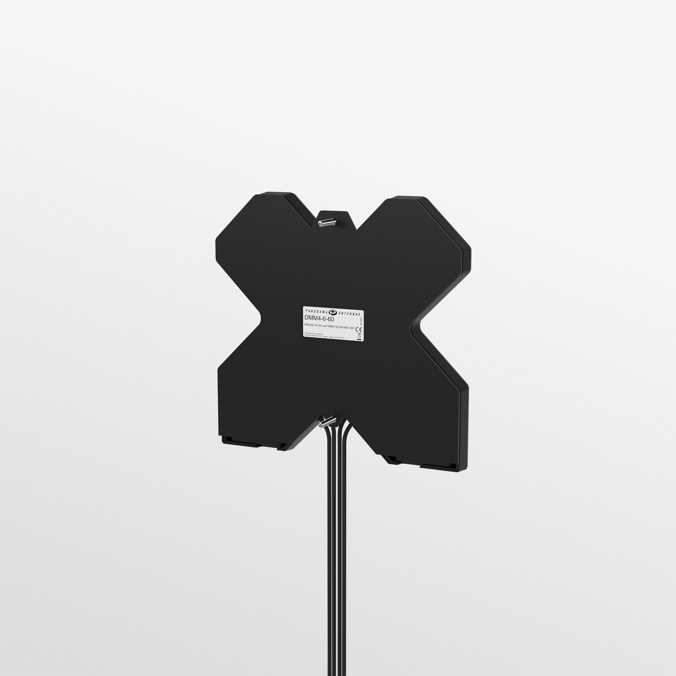 Black X-shaped Panorama DMM4-6-60-2SP portable 4x4 MIMO 4G/5G desk antenna on fold-out feet with twinned coaxial cables. — view 6