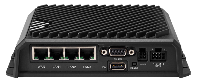 Cradlepoint R1900 ruggedized metal 5G vehicle router with SMA antenna connectors and Gigabit Ethernet ports. — view 2