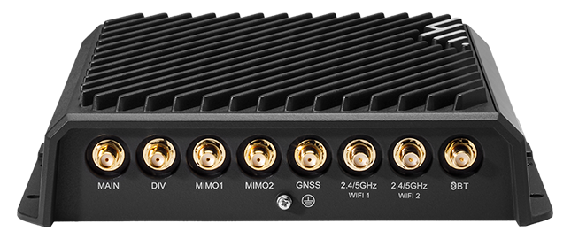 Cradlepoint R1900 ruggedized metal 5G vehicle router with SMA and RP-SMA antenna connectors and Gigabit Ethernet ports. — view 3