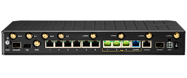 Cradlepoint E3000 metal enterprise branch router with external Wi-Fi and cellular antennas and a row of Ethernet and SFP+ ports. — view 2