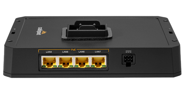 Cradlepoint RX30-PoE managed accessory PoE switch with four Gigabit Ethernet ports, shown alongside the R1900 ruggedized router. — view 2