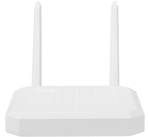 Cradlepoint L950 square white LTE adapter with two external cellular paddle antennas attached. — view 3