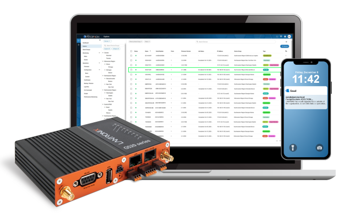 Lantronix G528 5G IoT security gateway in a brushed aluminum housing with Ethernet, serial and antenna connectors.