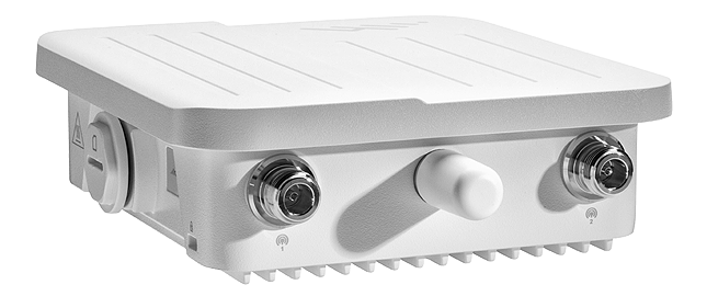 Cradlepoint W1855-5GC outdoor 5G wideband adapter in a metal IP67 enclosure with external N-type cellular antennas. — view 2