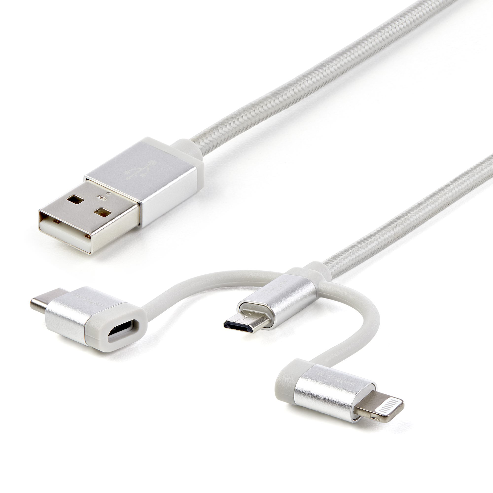 StarTech.com LTCUB6GR 6 ft USB Multi-Charging Cable, USB-A to Lightning, USB-C or Micro-USB, Braided, MFi Certified