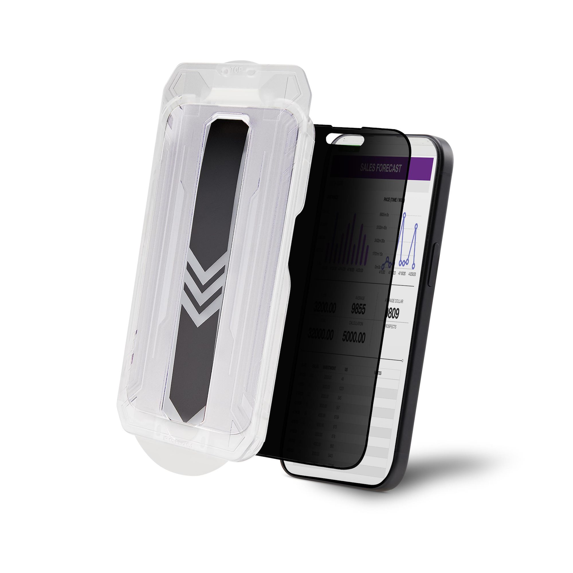 StarTech.com 4-way tempered glass privacy screen protector shown on an iPhone 15 Pro. — view 3