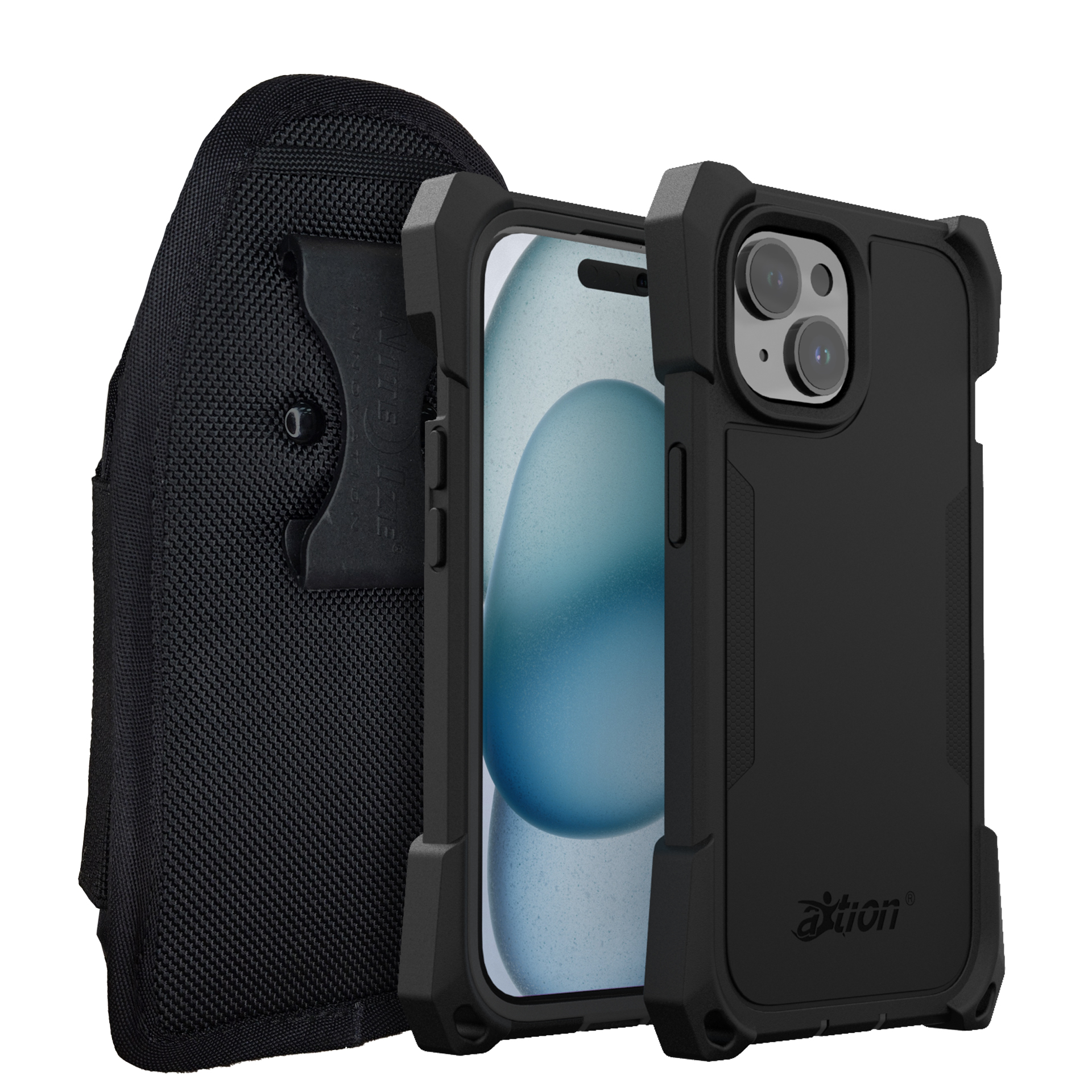 Joy Factory aXtion Edge Bundle for iPhone 15 with 9H Glass Screen Protector and Belt Clip Holster
