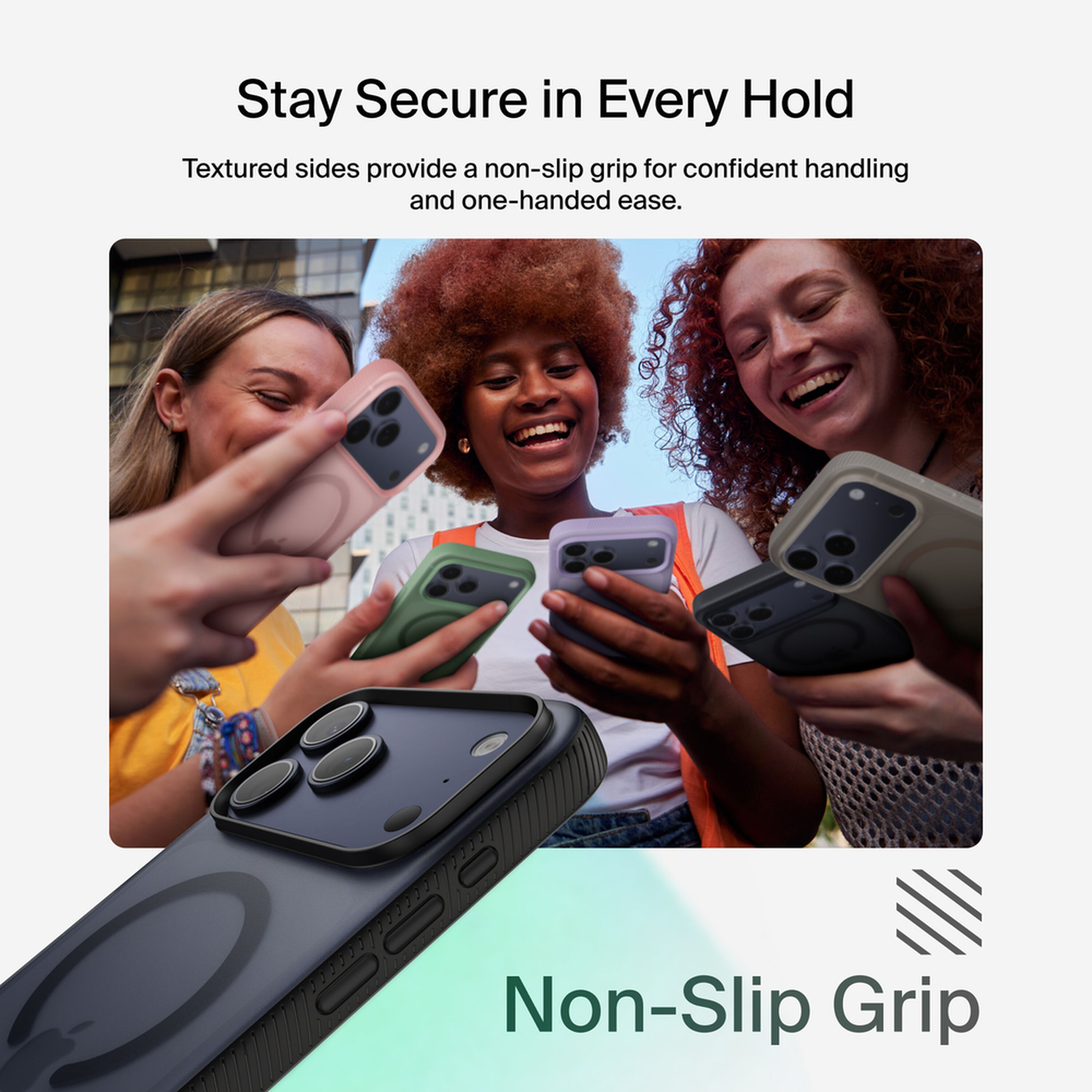 Belkin SheerForce Grip Series translucent black case on an iPhone 17 Pro Max with textured grip sides. — view 4