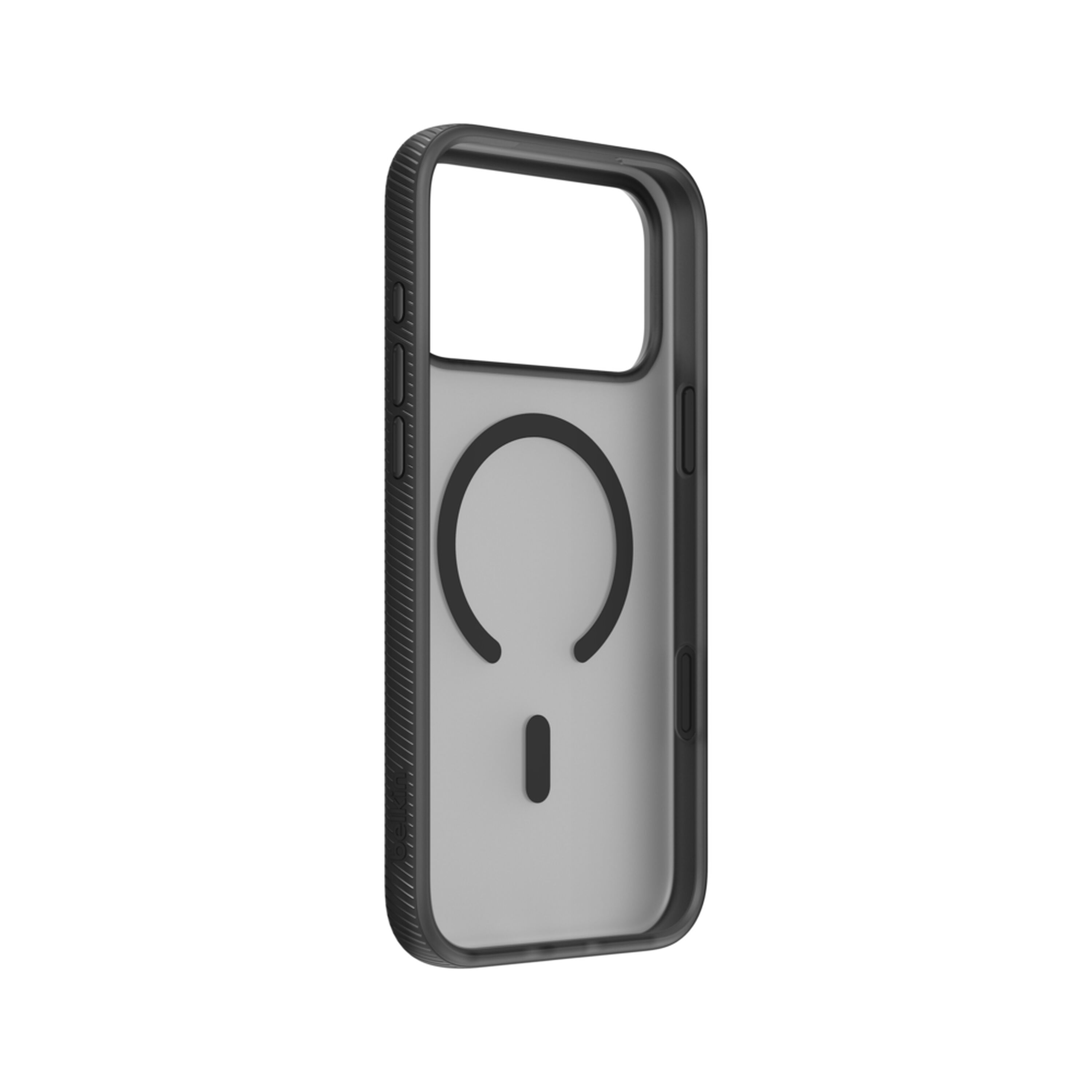 Belkin SheerForce Grip Series translucent black case on an iPhone 17 Pro Max with textured grip sides. — view 10
