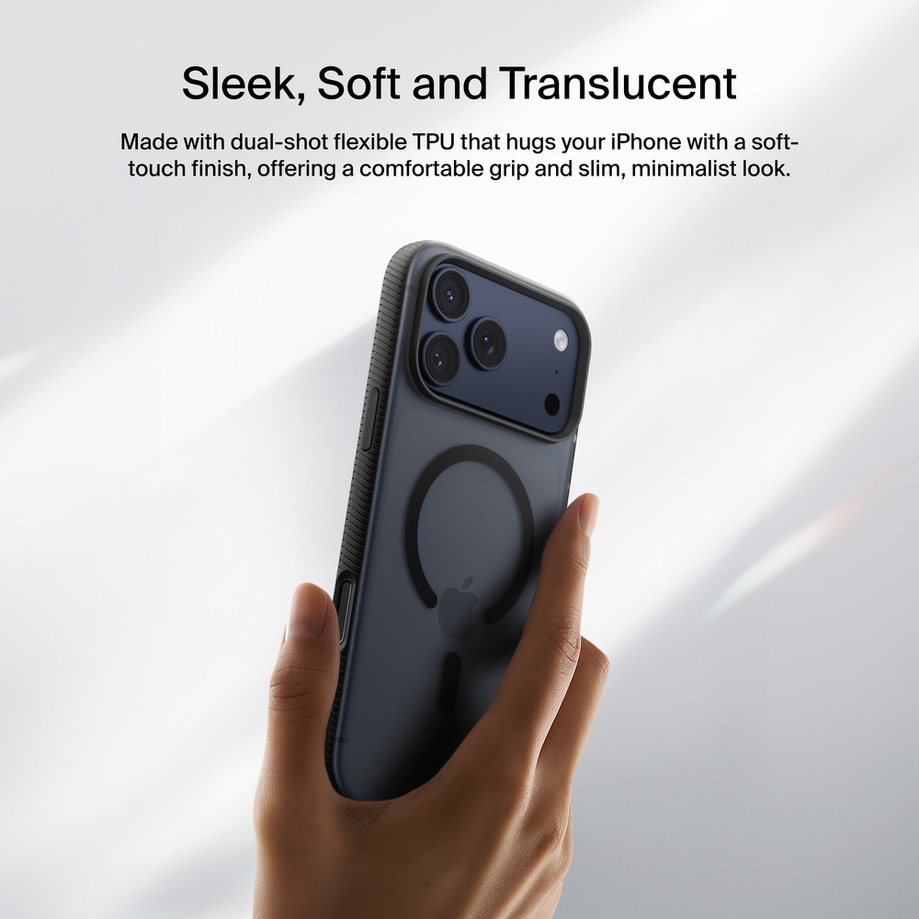 Belkin SheerForce Grip Series translucent black case on an iPhone 17 Pro Max with textured grip sides. — view 7