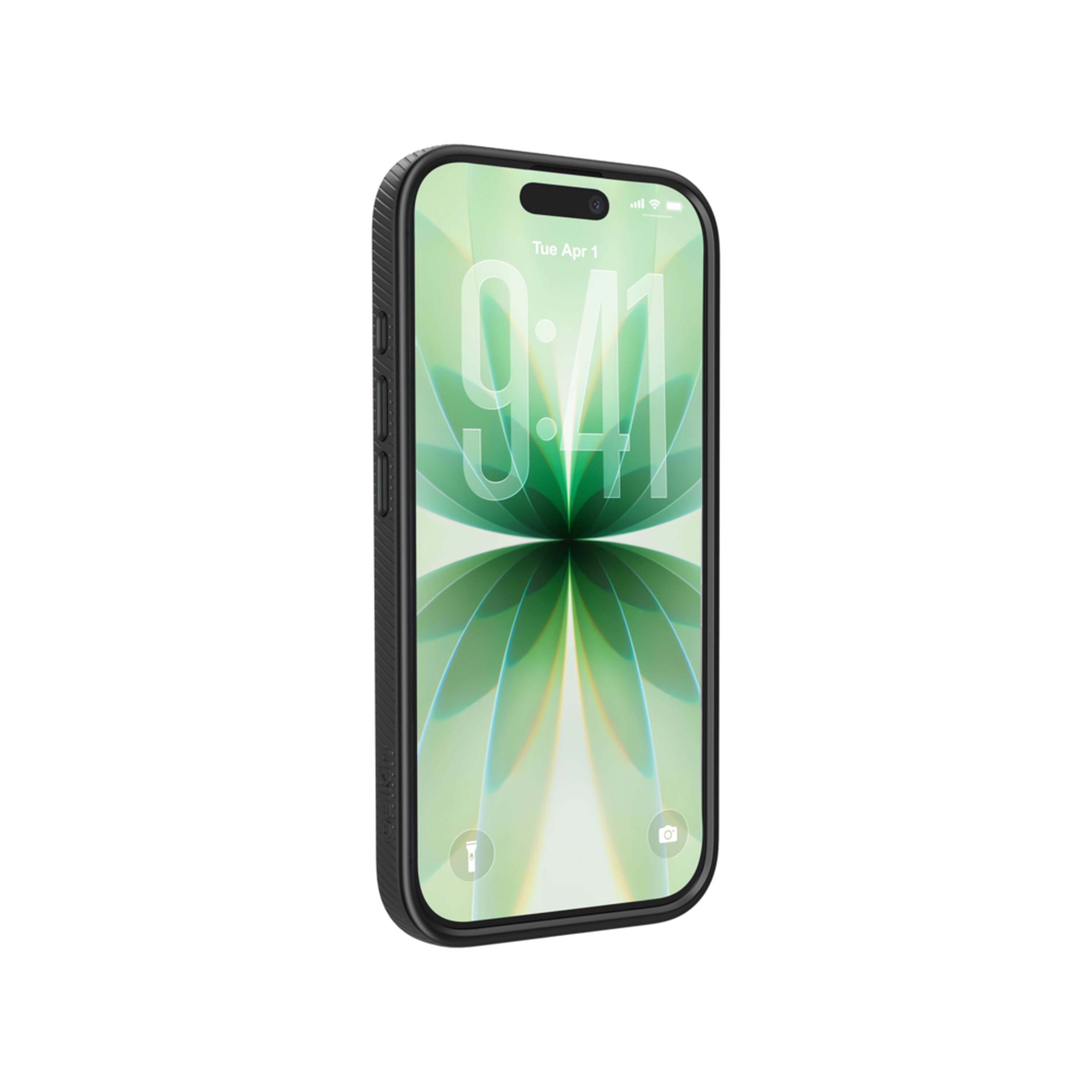 Belkin SheerForce Grip Series translucent black case on an iPhone 17 showing the textured anti-slip bumper. — view 11