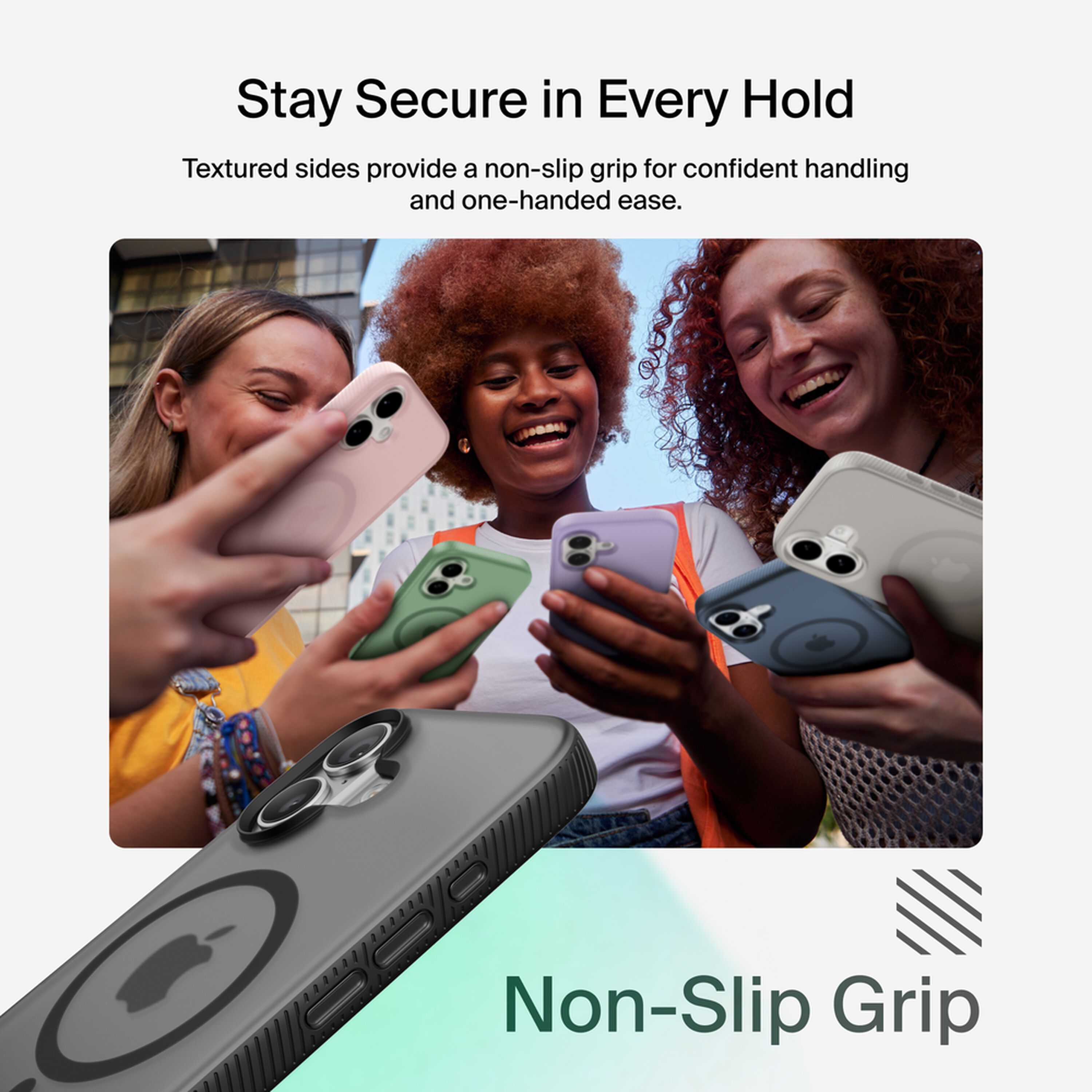 Belkin SheerForce Grip Series translucent black case on an iPhone 17 showing the textured anti-slip bumper. — view 4