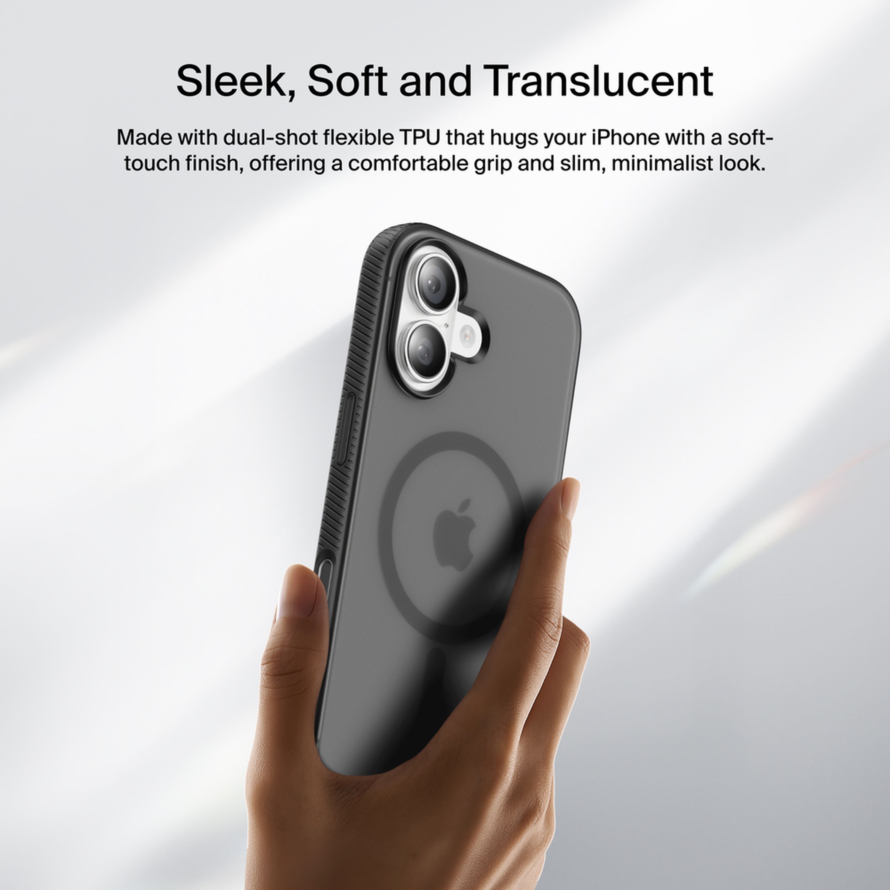 Belkin SheerForce Grip Series translucent black case on an iPhone 17 showing the textured anti-slip bumper. — view 7