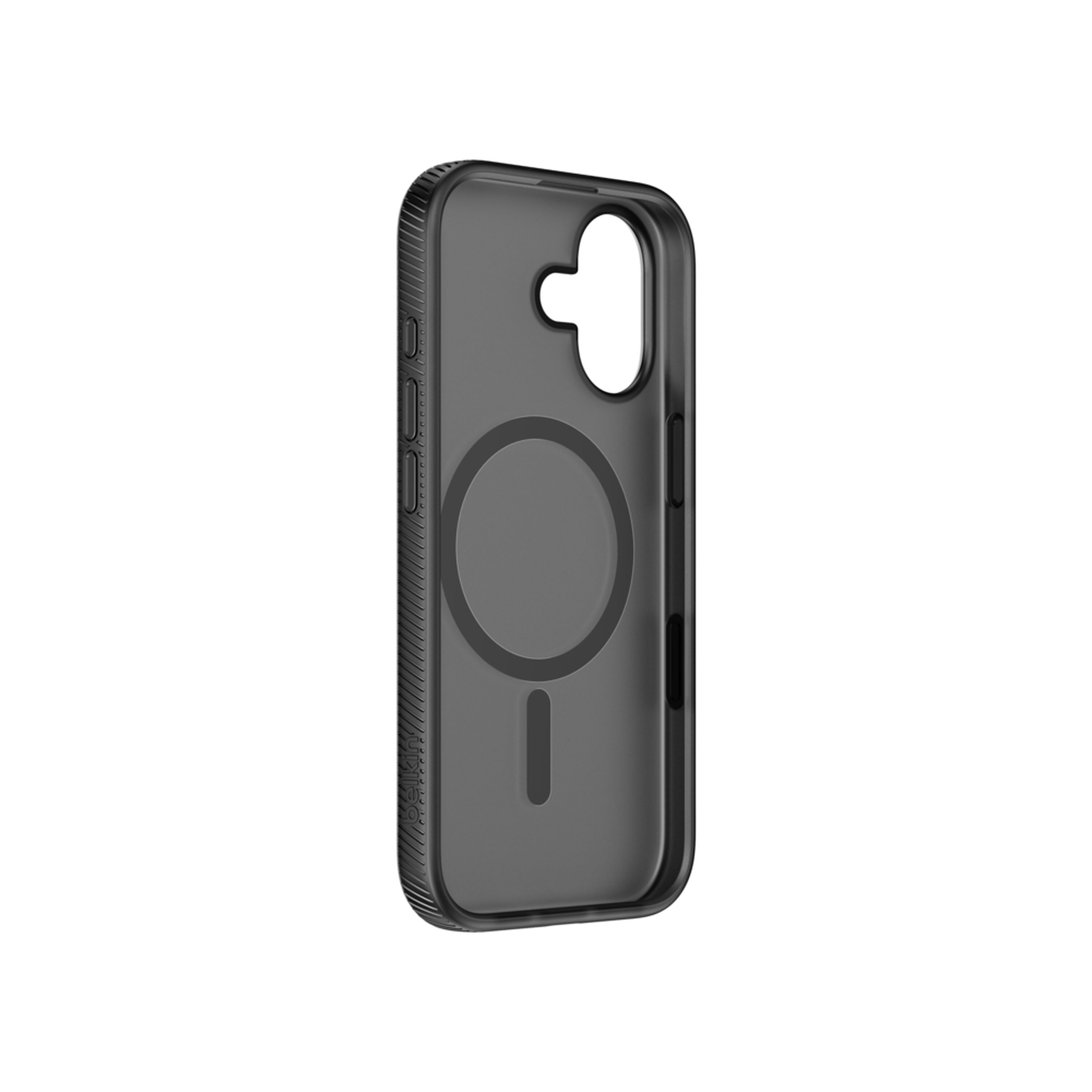 Belkin SheerForce Grip Series translucent black case on an iPhone 17 showing the textured anti-slip bumper. — view 10