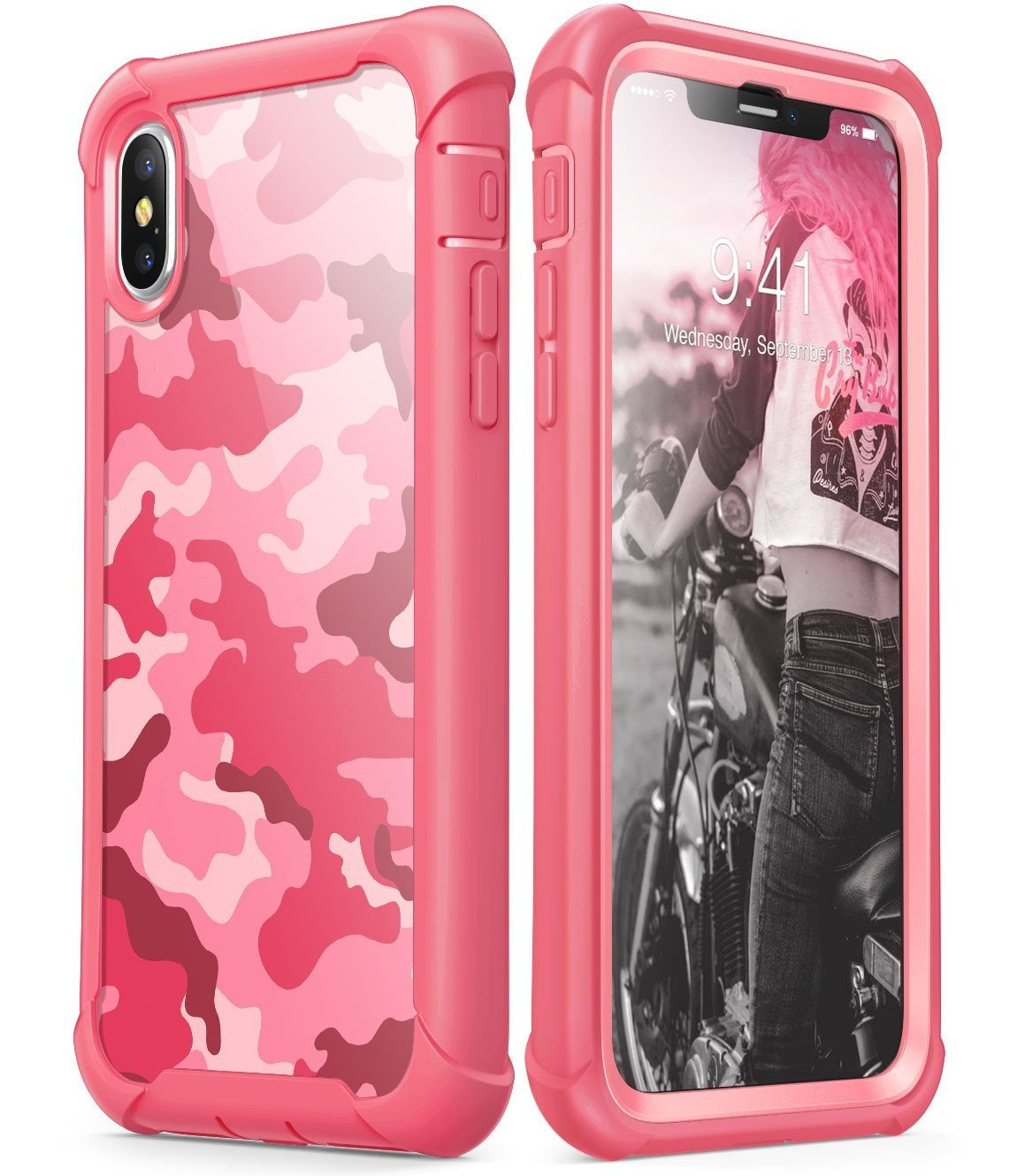 i-Blason Ares full-body case in Pink Camouflage fitted on an Apple iPhone X with built-in screen protector. — view 2