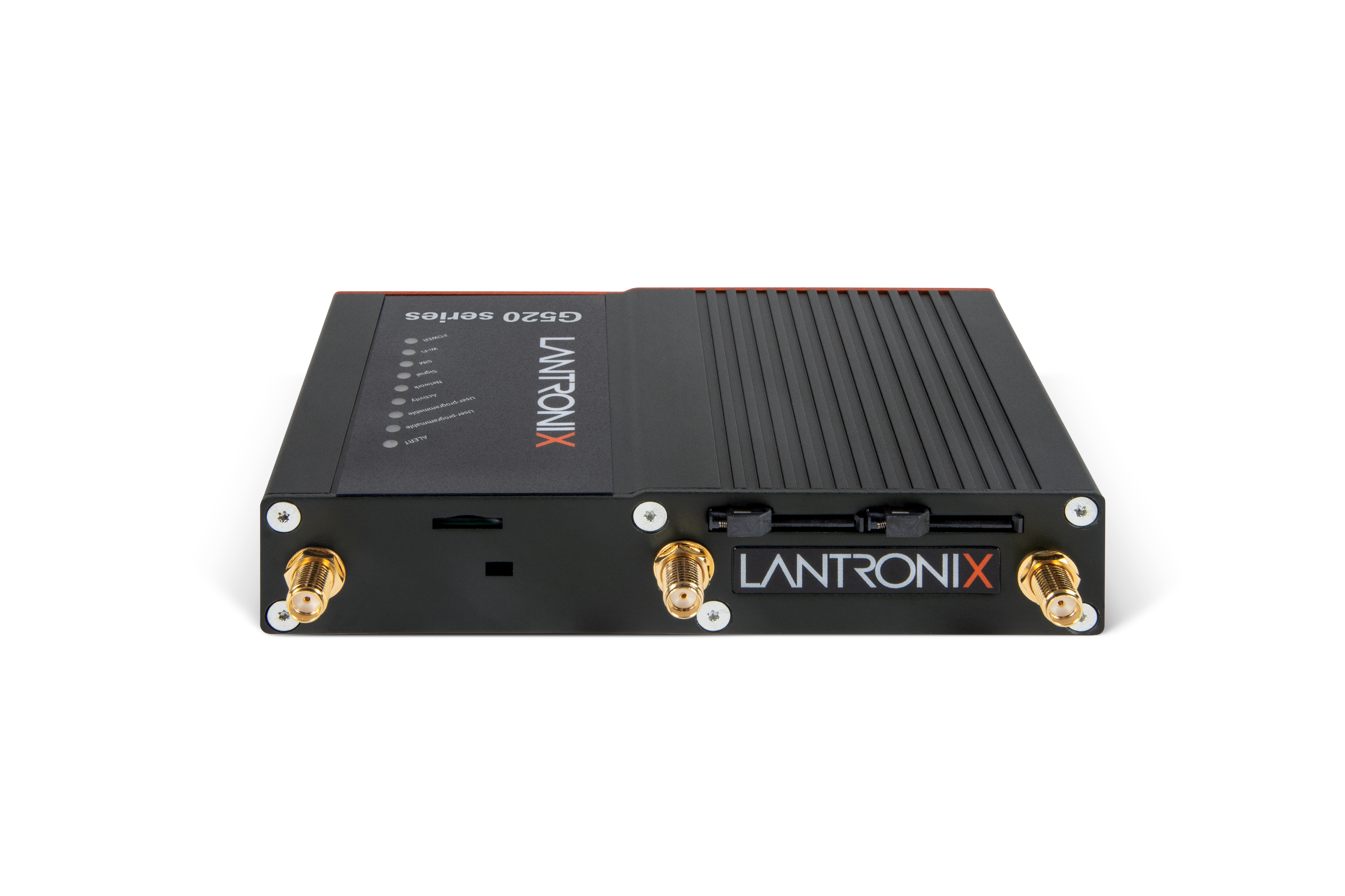 Lantronix G528 5G IoT cellular gateway in a brushed aluminum housing with Ethernet, serial and antenna connectors