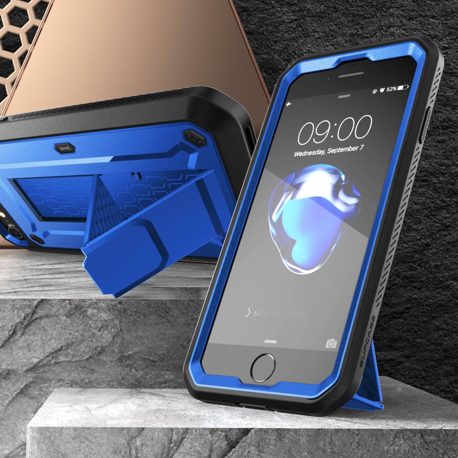 SUPCASE Unicorn Beetle Pro full-body rugged case in dark blue on an iPhone SE, with built-in screen protector and rear kickstand. — view 4