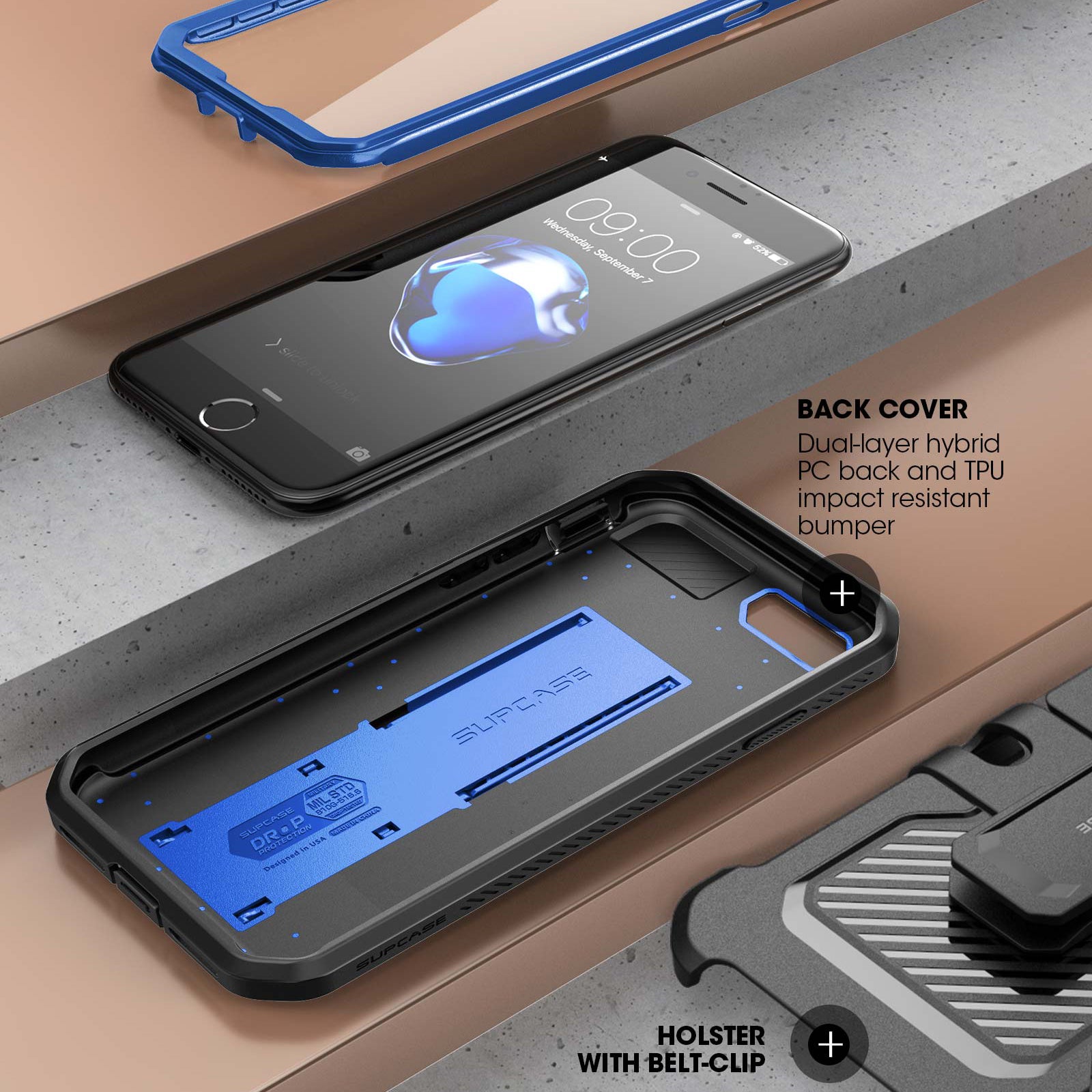 SUPCASE Unicorn Beetle Pro full-body rugged case in dark blue on an iPhone SE, with built-in screen protector and rear kickstand. — view 5