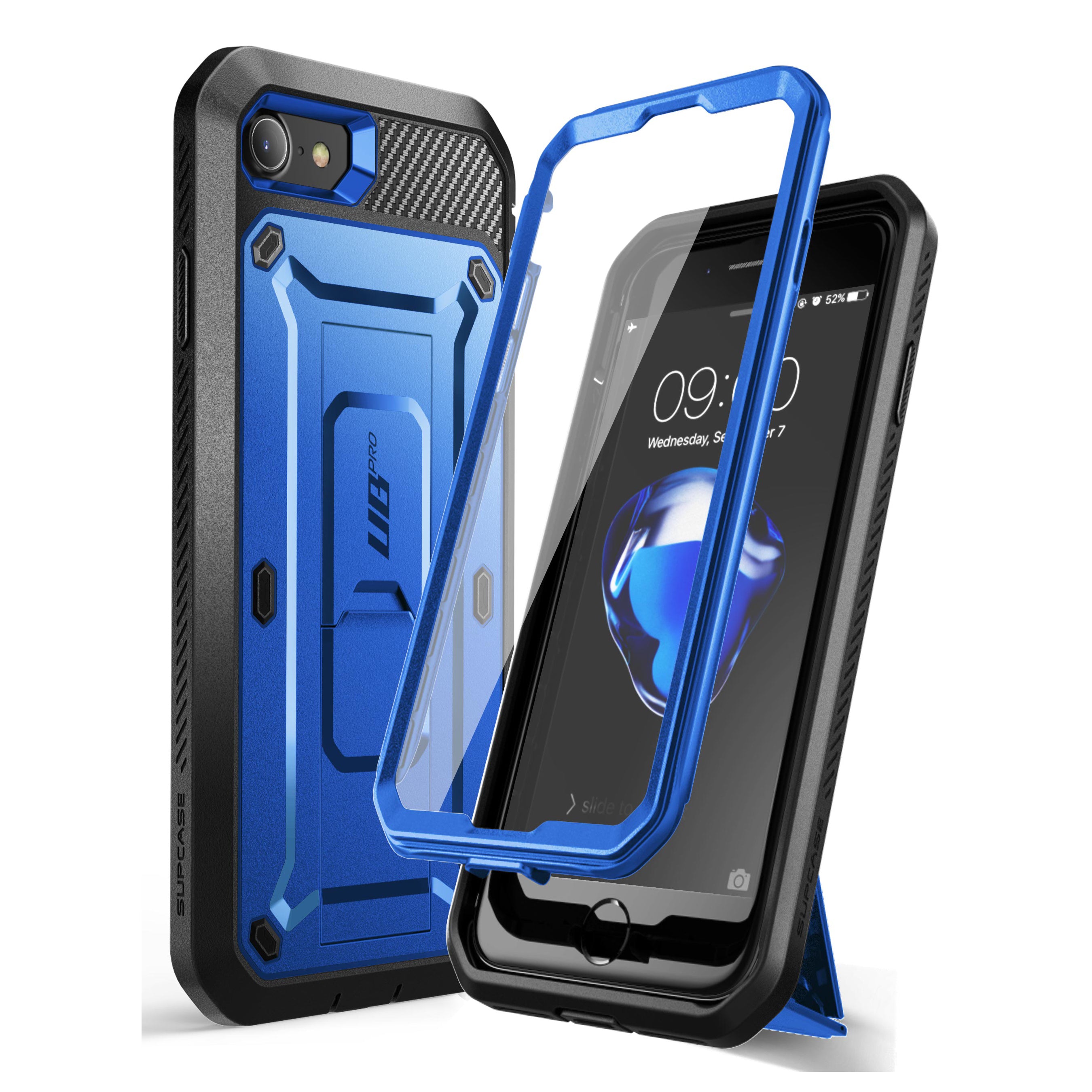 SUPCASE Unicorn Beetle Pro full-body rugged case in dark blue on an iPhone SE, with built-in screen protector and rear kickstand. — view 2