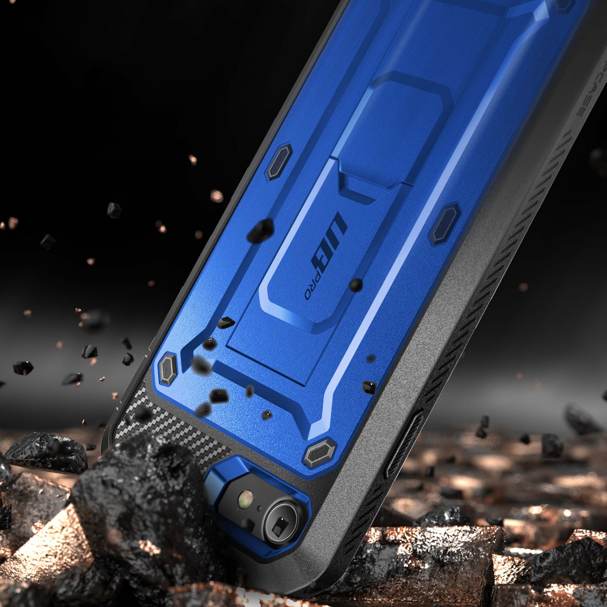 SUPCASE Unicorn Beetle Pro full-body rugged case in dark blue on an iPhone SE, with built-in screen protector and rear kickstand. — view 3