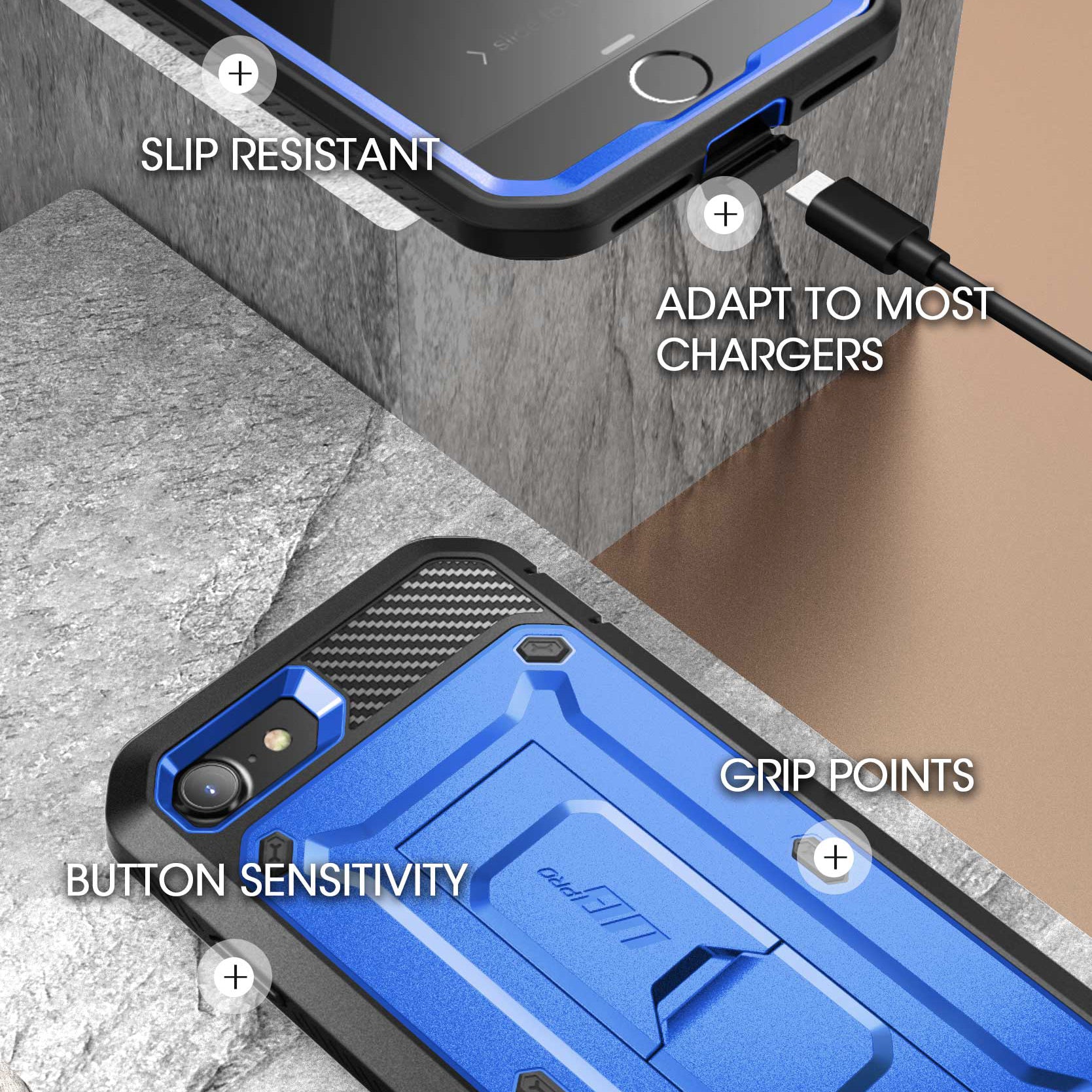 SUPCASE Unicorn Beetle Pro full-body rugged case in dark blue on an iPhone SE, with built-in screen protector and rear kickstand. — view 6