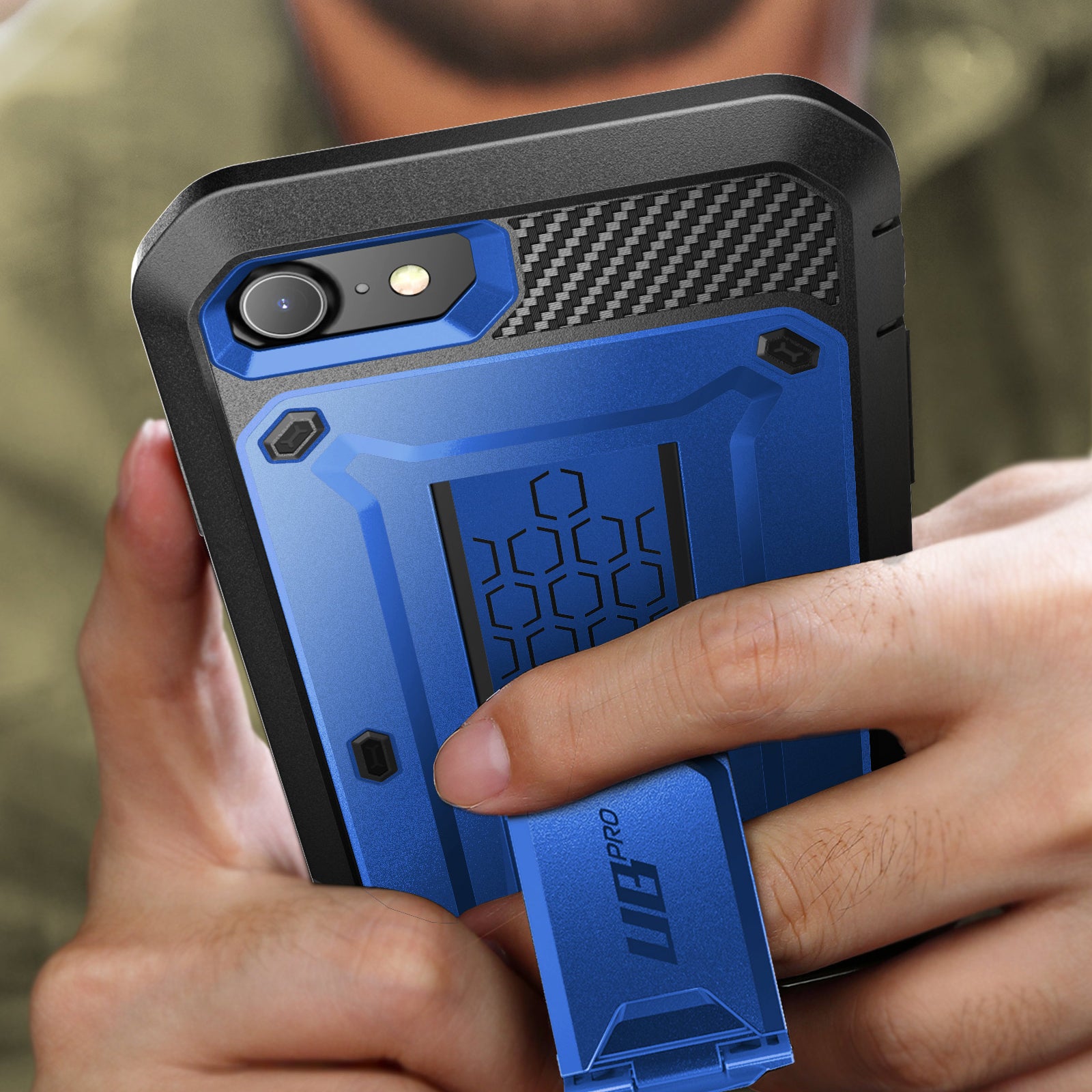 SUPCASE Unicorn Beetle Pro full-body rugged case in dark blue on an iPhone SE, with built-in screen protector and rear kickstand. — view 7