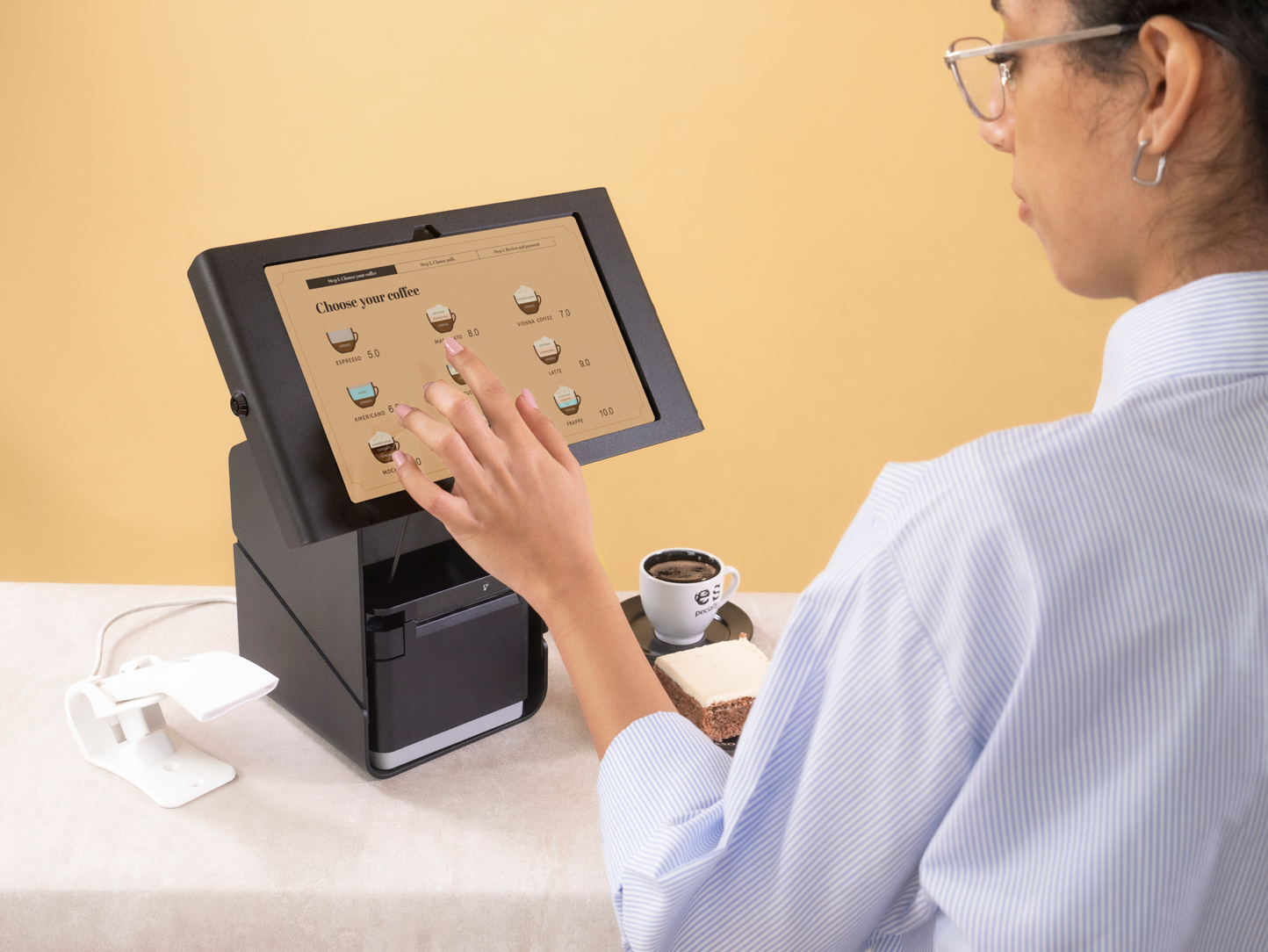 Black Compulocks tablet printer kiosk with a Samsung Galaxy Tab A9+ locked in an Apex enclosure above a printer housing — view 7