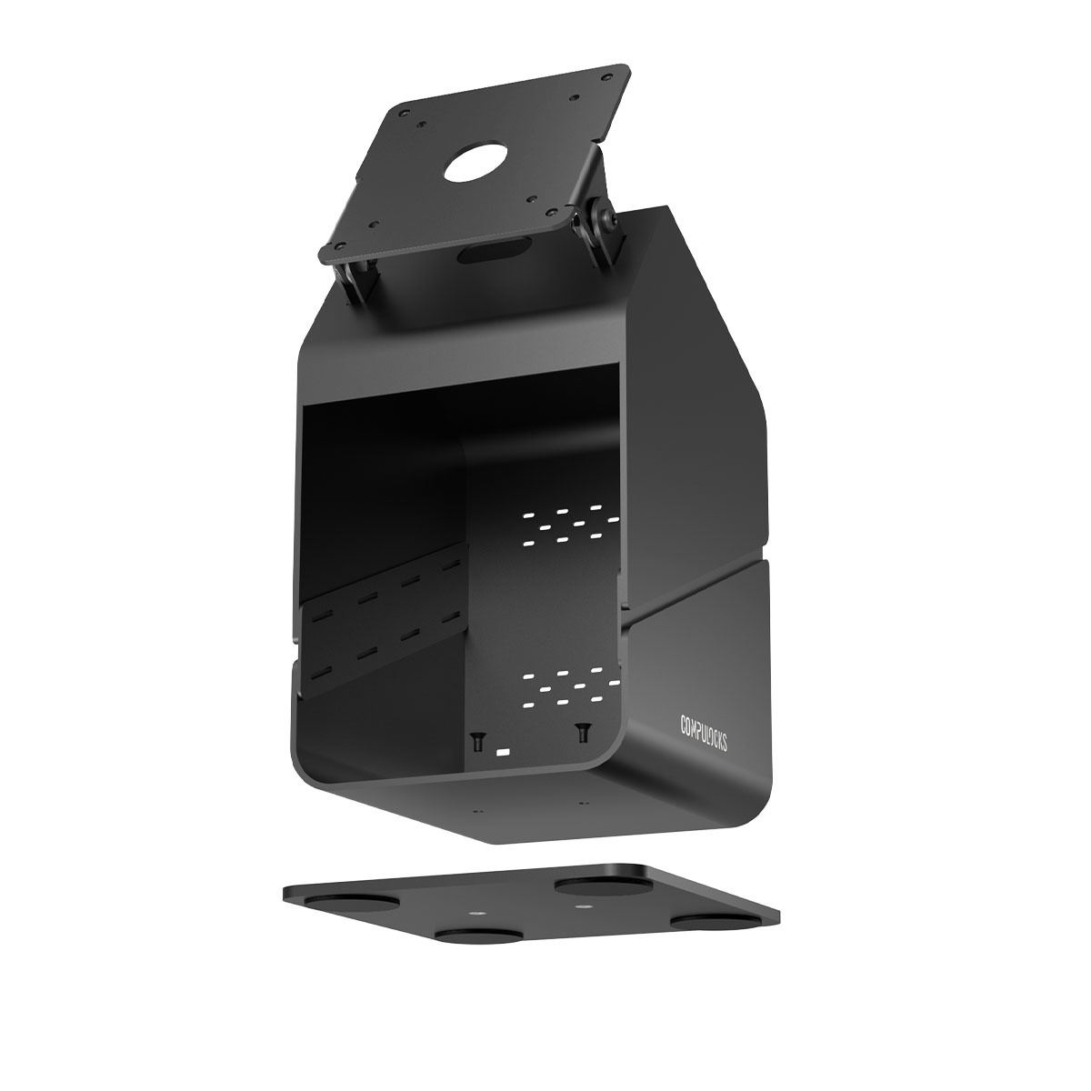 Black Compulocks tablet printer kiosk with a Samsung Galaxy Tab A9+ locked in an Apex enclosure above a printer housing — view 8