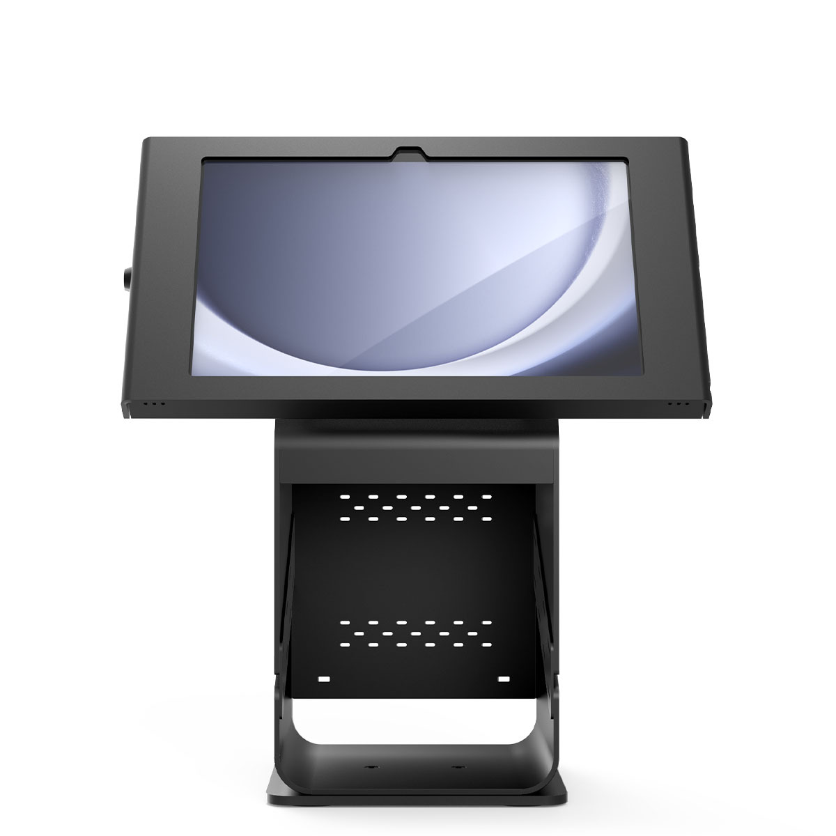 Black Compulocks tablet printer kiosk with a Samsung Galaxy Tab A9+ locked in an Apex enclosure above a printer housing — view 3