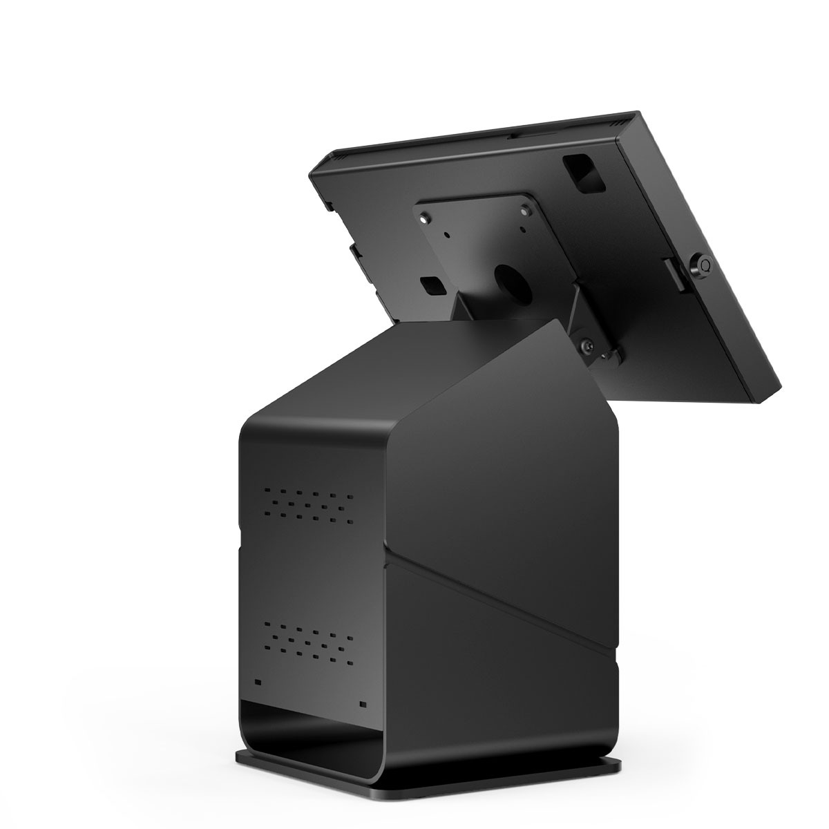Black Compulocks tablet printer kiosk with a Samsung Galaxy Tab A9+ locked in an Apex enclosure above a printer housing — view 2