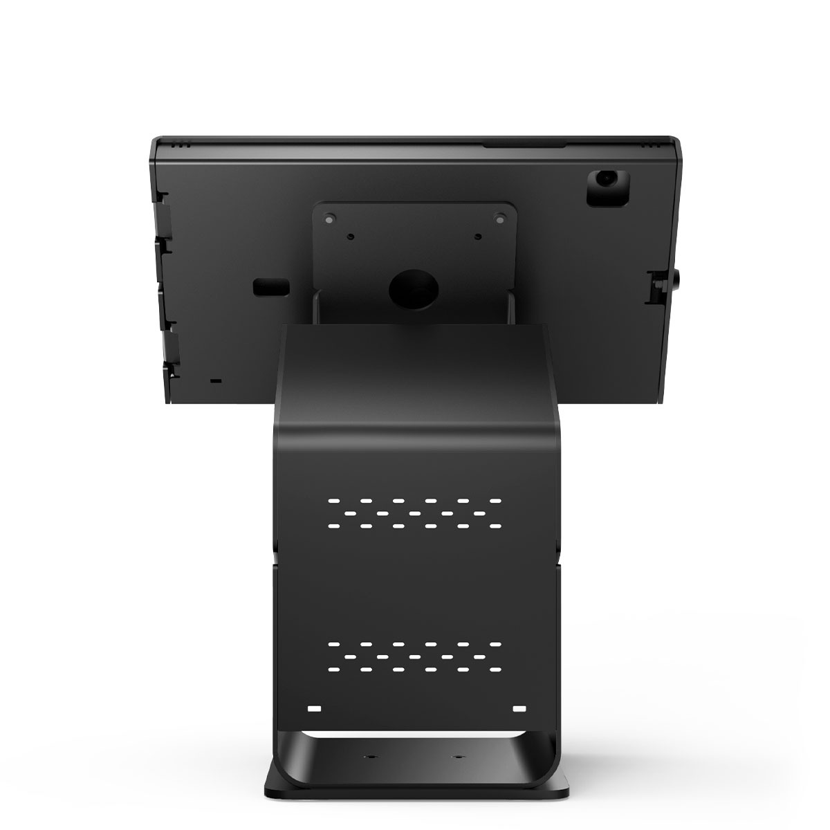 Black Compulocks tablet printer kiosk with a Samsung Galaxy Tab A9+ locked in an Apex enclosure above a printer housing — view 4