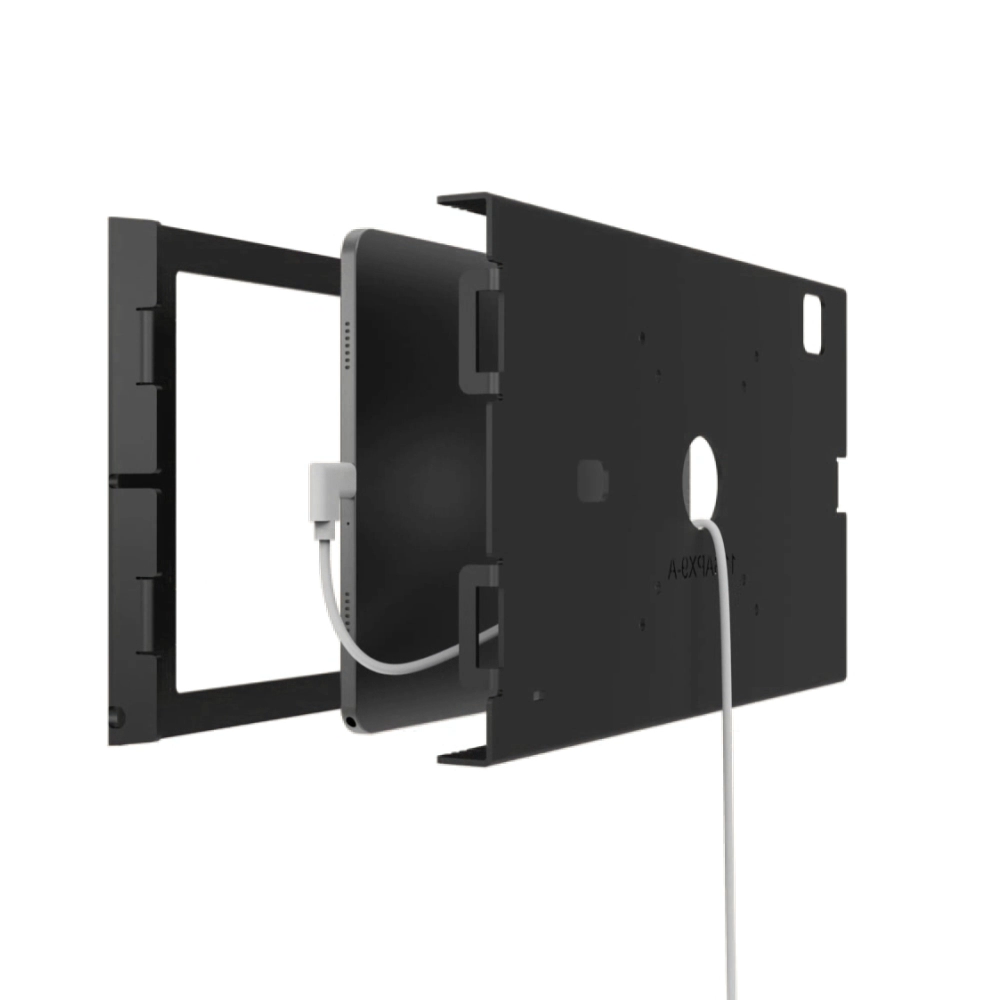 Black Compulocks tablet printer kiosk with a Samsung Galaxy Tab A9+ locked in an Apex enclosure above a printer housing — view 9