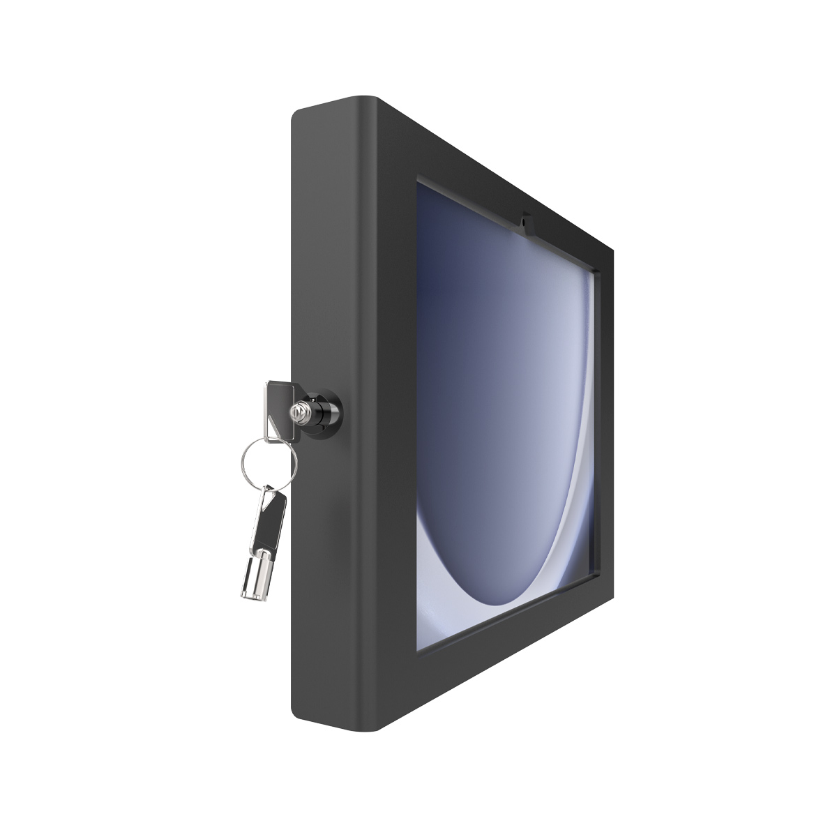 Black Compulocks tablet printer kiosk with a Samsung Galaxy Tab A9+ locked in an Apex enclosure above a printer housing — view 6