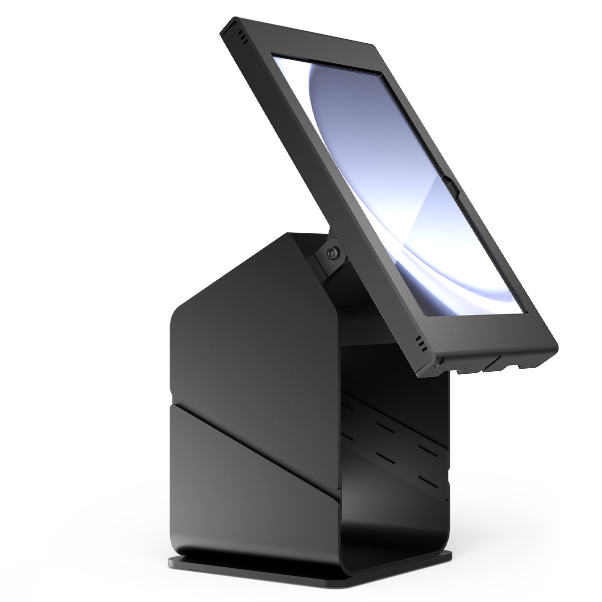 Black Compulocks tablet printer kiosk with a Samsung Galaxy Tab A9+ locked in an Apex enclosure above a printer housing — view 5
