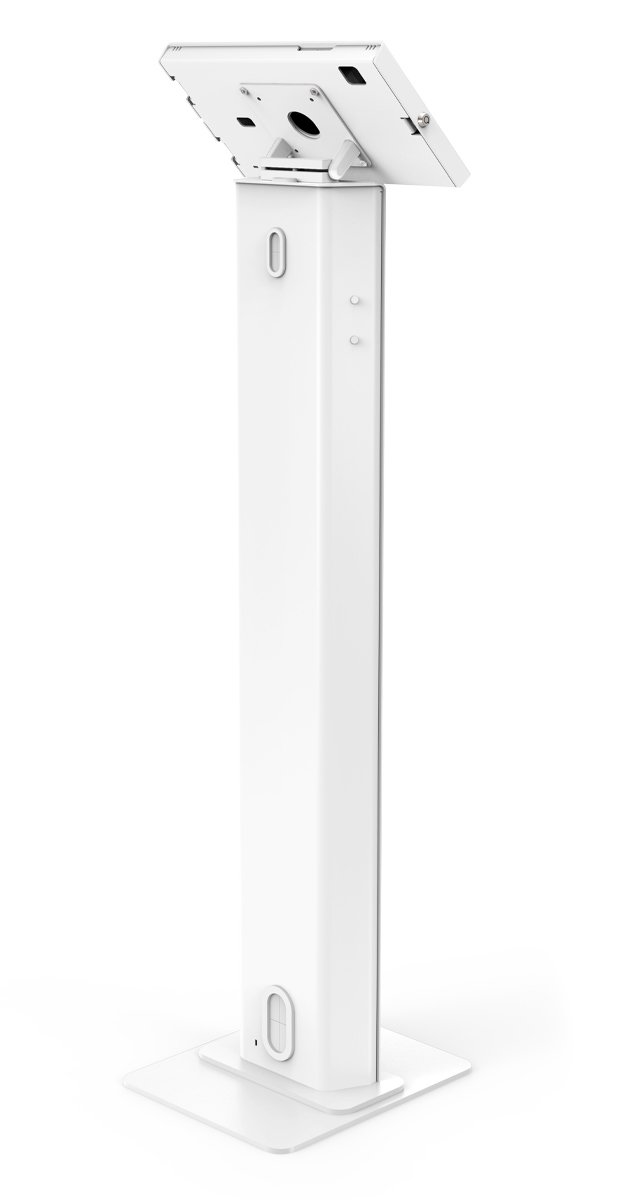 White Compulocks Brandable Floor Stand holding an 11-inch Galaxy Tab in a locked Apex enclosure above a tall branding panel. — view 2