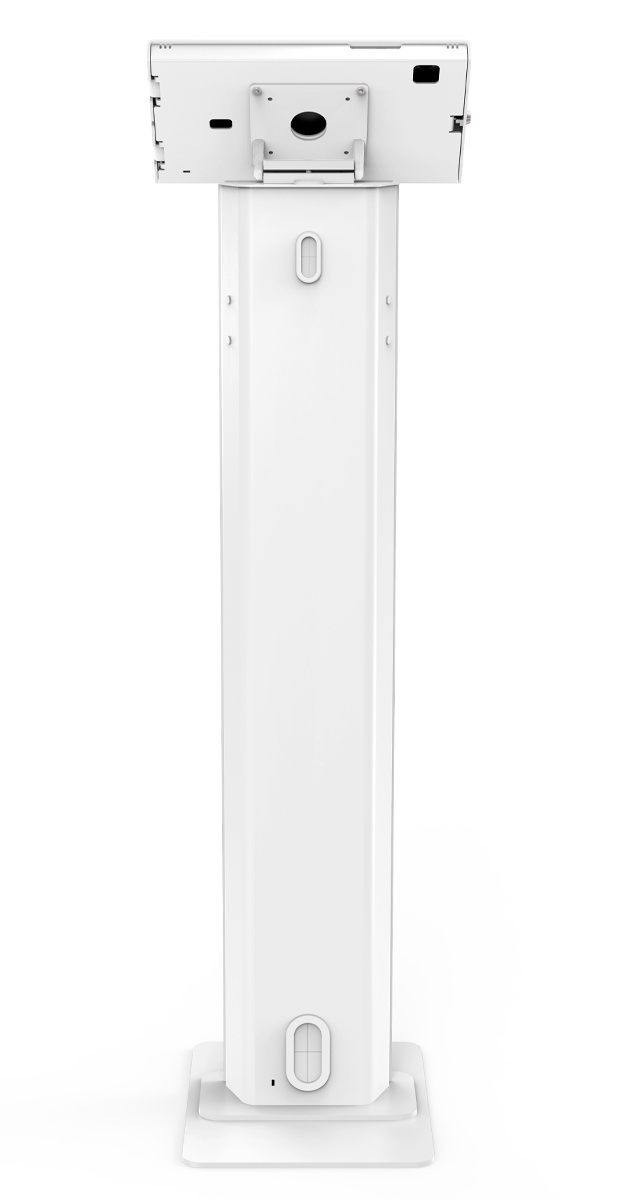 White Compulocks Brandable Floor Stand holding an 11-inch Galaxy Tab in a locked Apex enclosure above a tall branding panel. — view 4