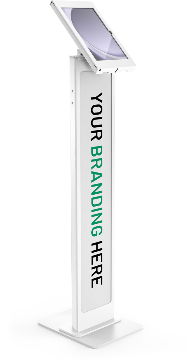 White Compulocks Brandable Floor Stand holding an 11-inch Galaxy Tab in a locked Apex enclosure above a tall branding panel. — view 5