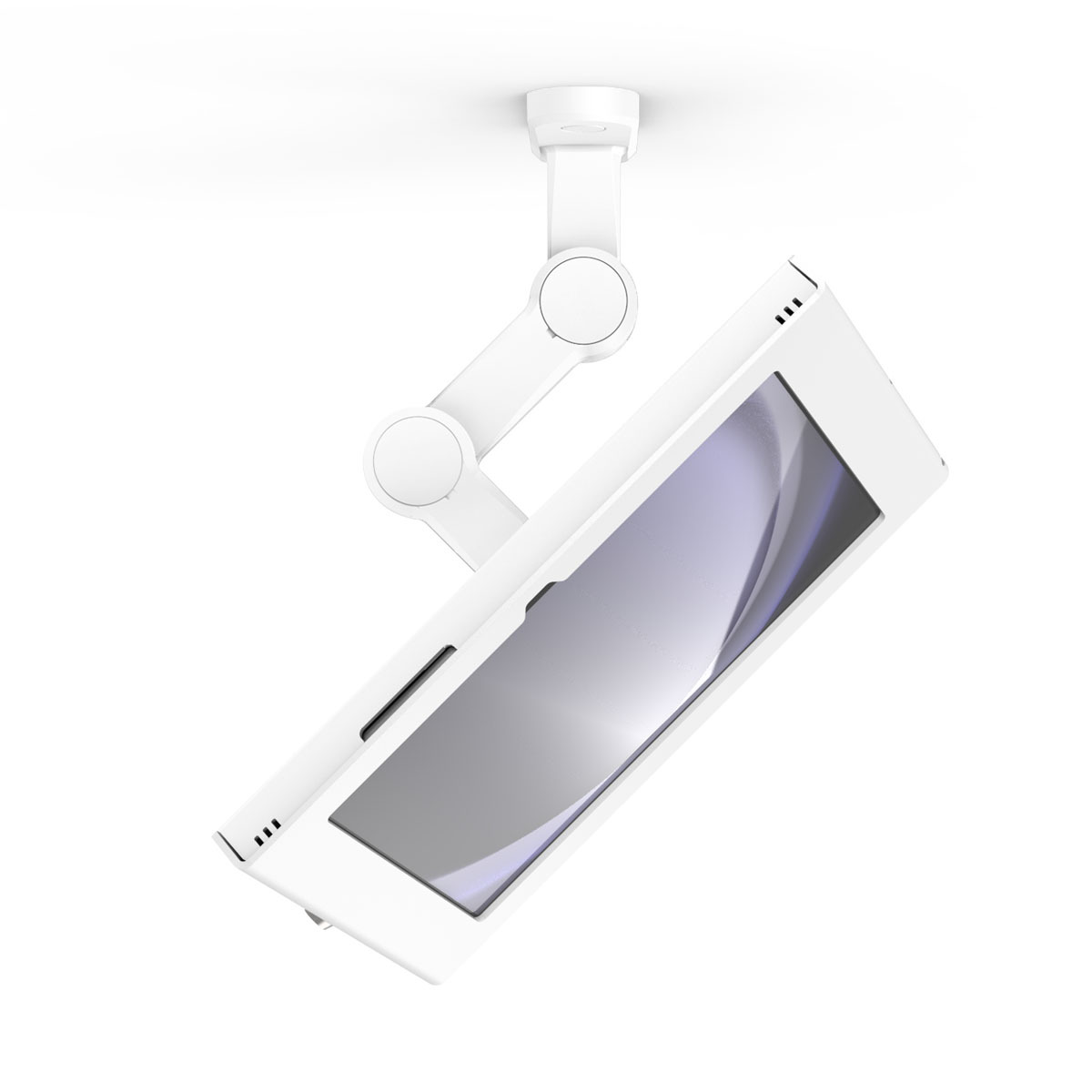White Compulocks Apex enclosure holding a Samsung Galaxy Tab A9+ 11-inch tablet on a white extendable swing wall mount arm. — view 3