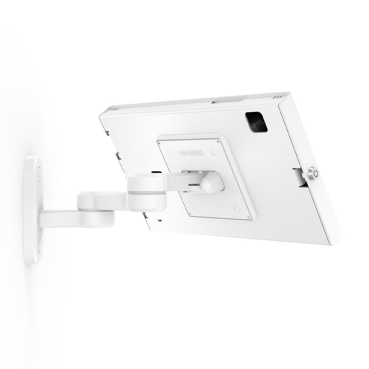 White Compulocks Apex enclosure holding a Samsung Galaxy Tab A9+ 11-inch tablet on a white extendable swing wall mount arm. — view 2