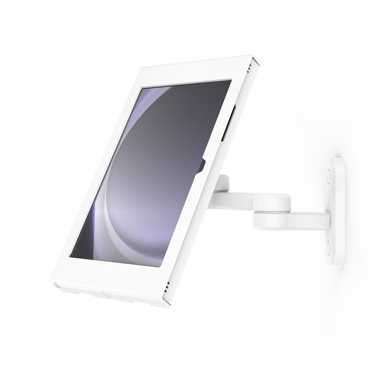 White Compulocks Apex enclosure holding a Samsung Galaxy Tab A9+ 11-inch tablet on a white extendable swing wall mount arm. — view 4