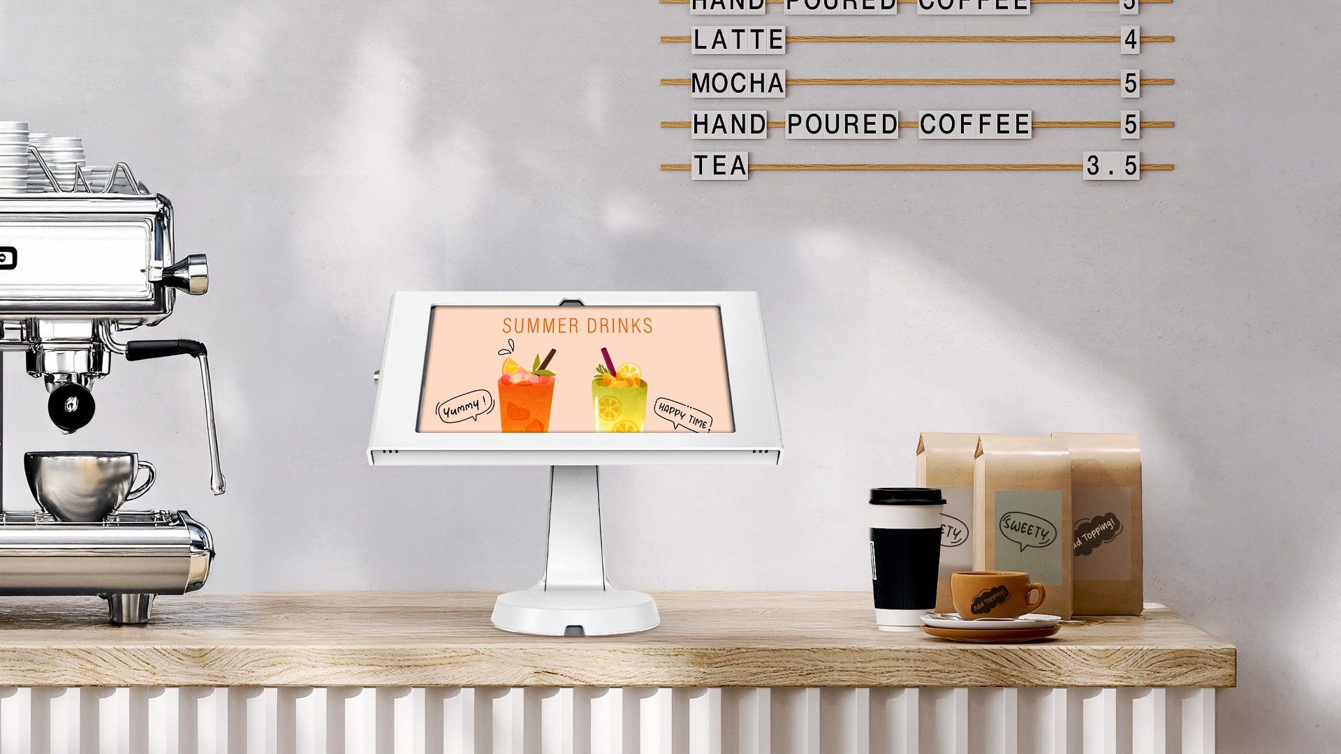 White Compulocks Mast counter stand with an Apex enclosure holding an 11-inch Samsung Galaxy Tab A9+ or A11+. — view 6