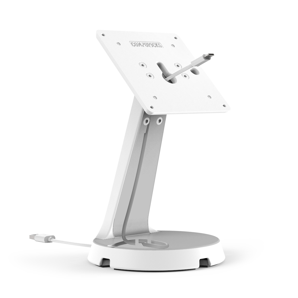 White Compulocks Mast counter stand with an Apex enclosure holding an 11-inch Samsung Galaxy Tab A9+ or A11+. — view 9