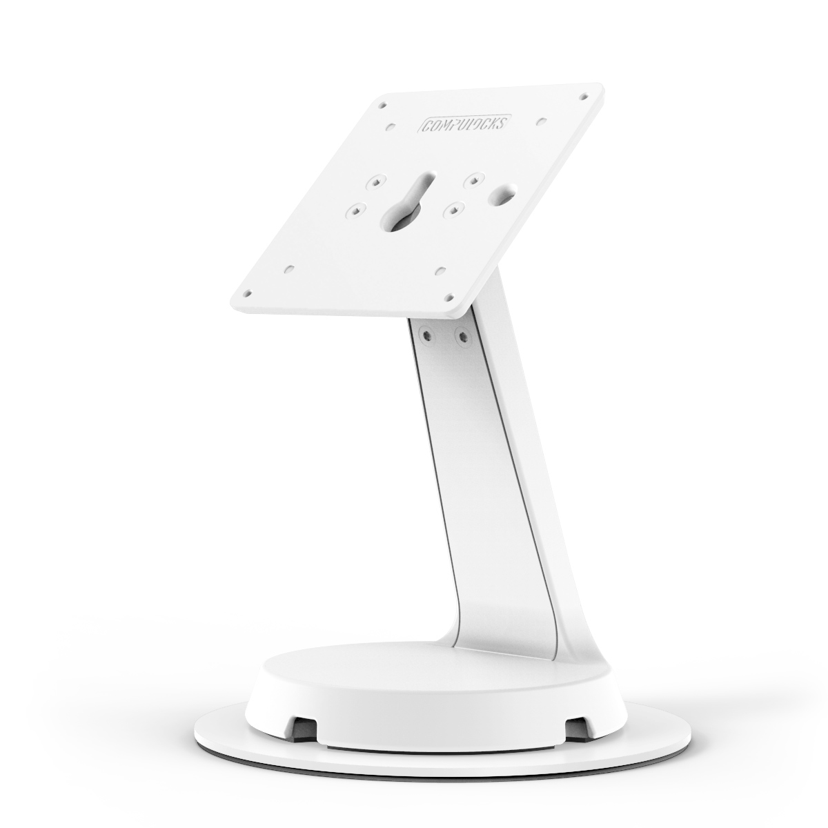 White Compulocks Mast counter stand with an Apex enclosure holding an 11-inch Samsung Galaxy Tab A9+ or A11+. — view 10