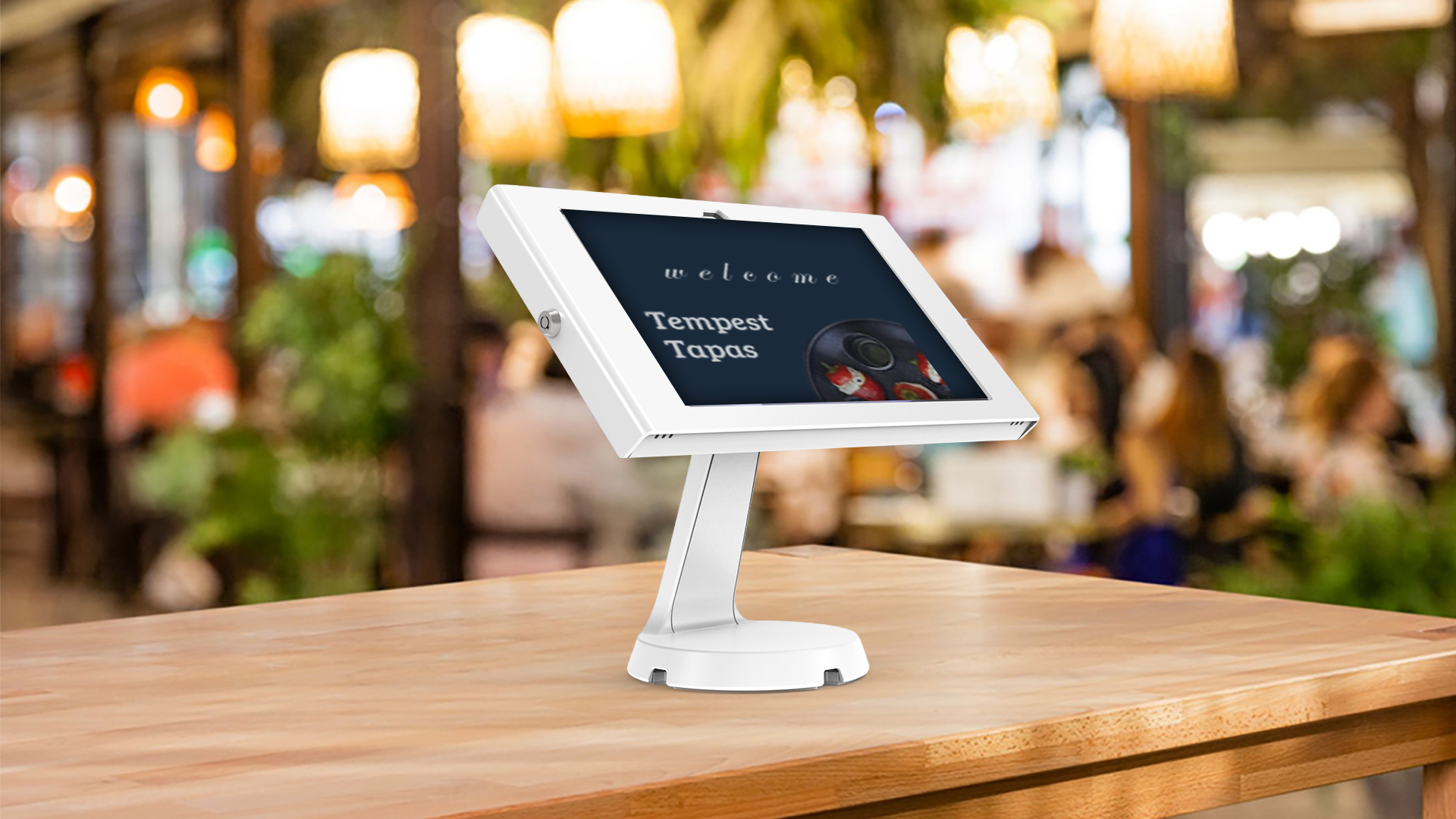 White Compulocks Mast counter stand with an Apex enclosure holding an 11-inch Samsung Galaxy Tab A9+ or A11+. — view 7