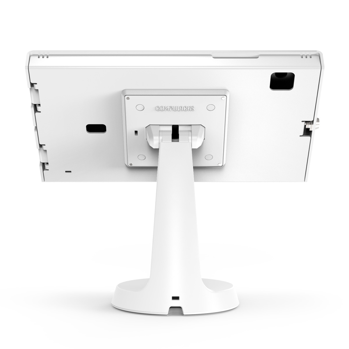 White Compulocks Mast counter stand with an Apex enclosure holding an 11-inch Samsung Galaxy Tab A9+ or A11+. — view 4